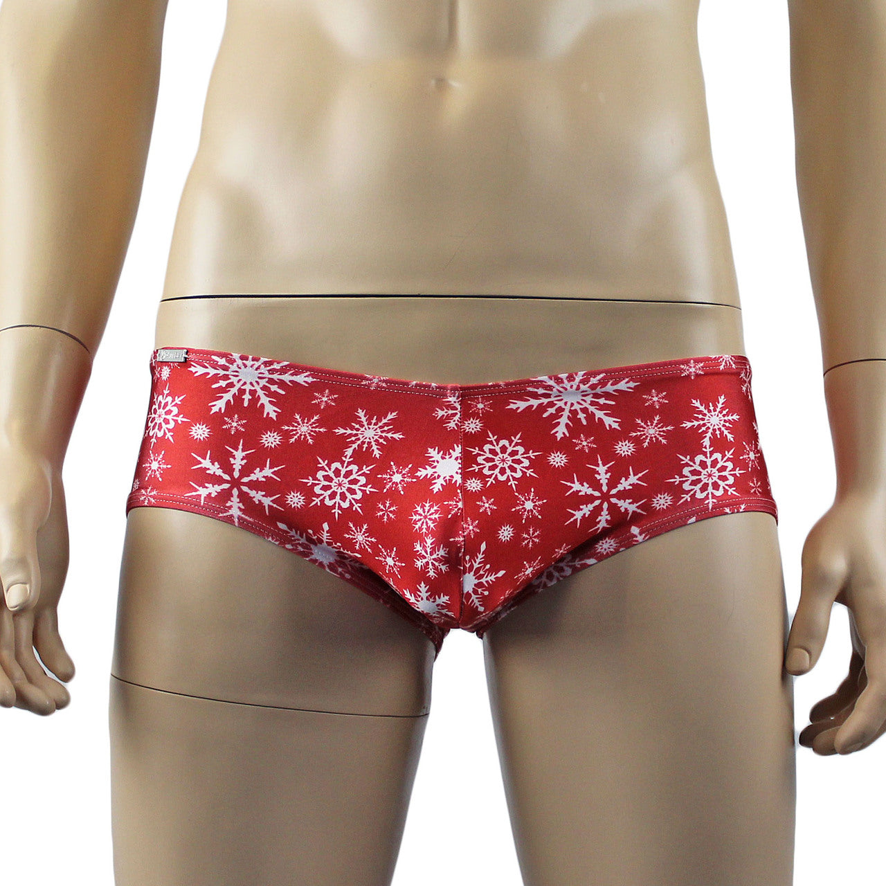 Mens Christmas Snowflake Print Spandex Low Cut Boxer Brief Red and White