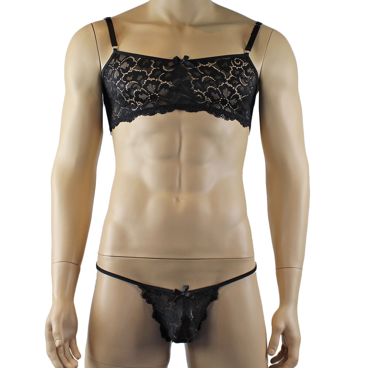 Mens Sweetheart Scalloped Shiny Lace Bra Top and Panty Black