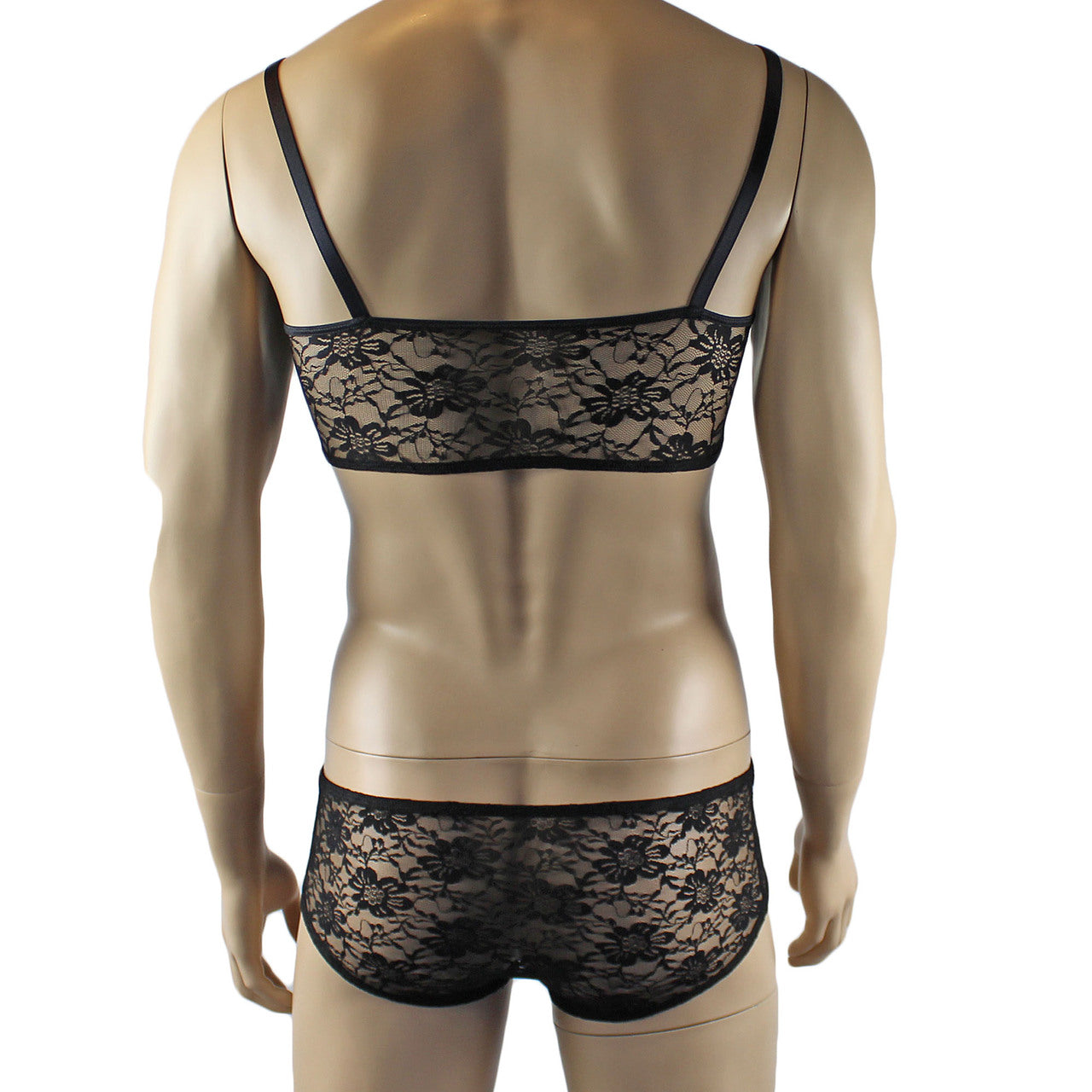 Mens Sexy Lace Crop Bra Top Camisole and Male Lingerie Panty Briefs Black