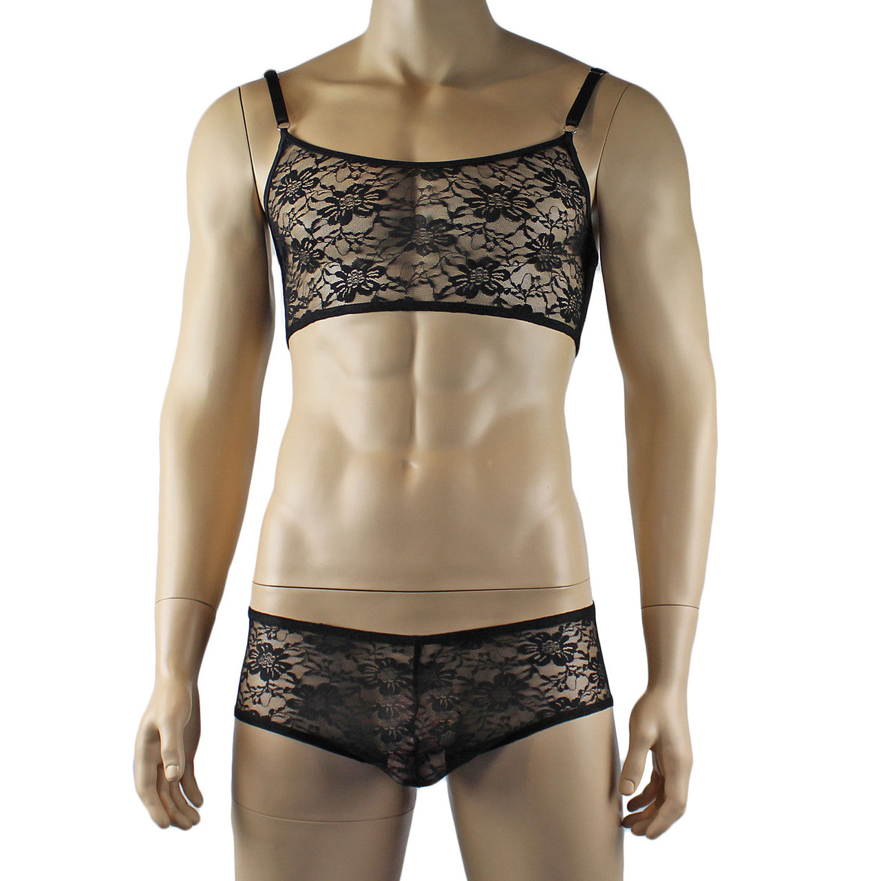 Mens Sexy Lace Crop Bra Top Camisole and Male Lingerie Panty Briefs Black