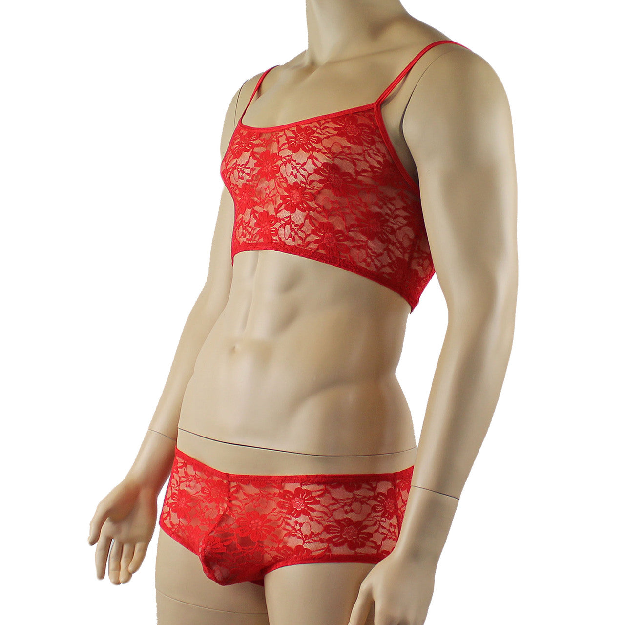 Mens Sexy Lace Crop Bra Top Camisole and Male Lingerie Panty Briefs Red