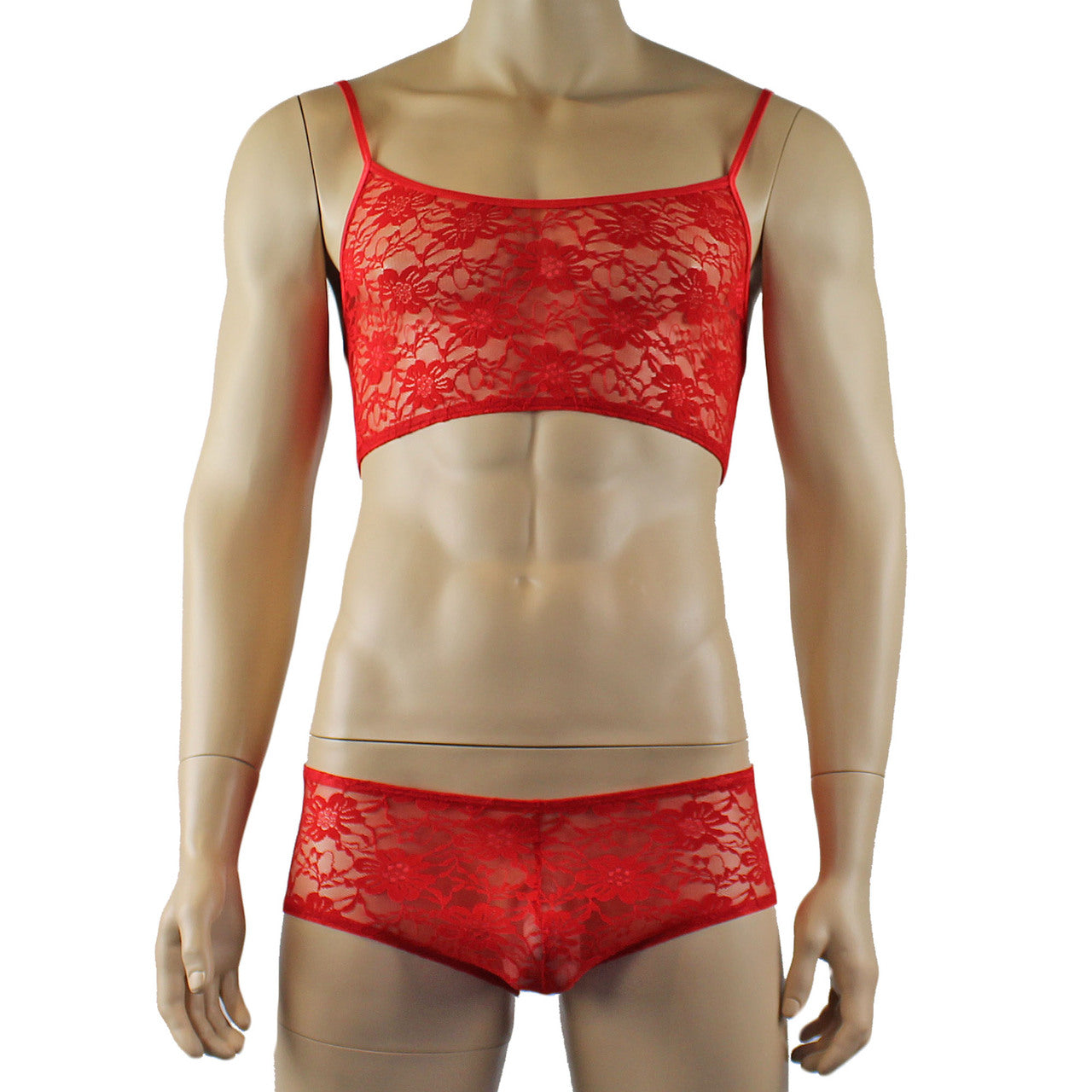 Mens Sexy Lace Crop Bra Top Camisole and Male Lingerie Panty Briefs Red