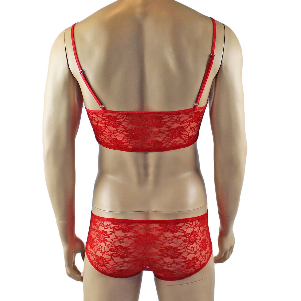 Mens Sexy Lace Crop Bra Top Camisole and Male Lingerie Panty Briefs Red