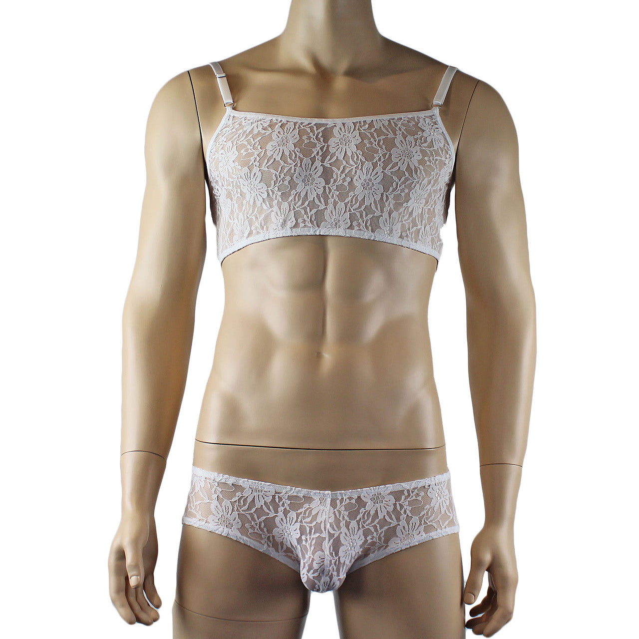 Mens Sexy Lace Crop Bra Top Camisole and Male Lingerie Panty Briefs White