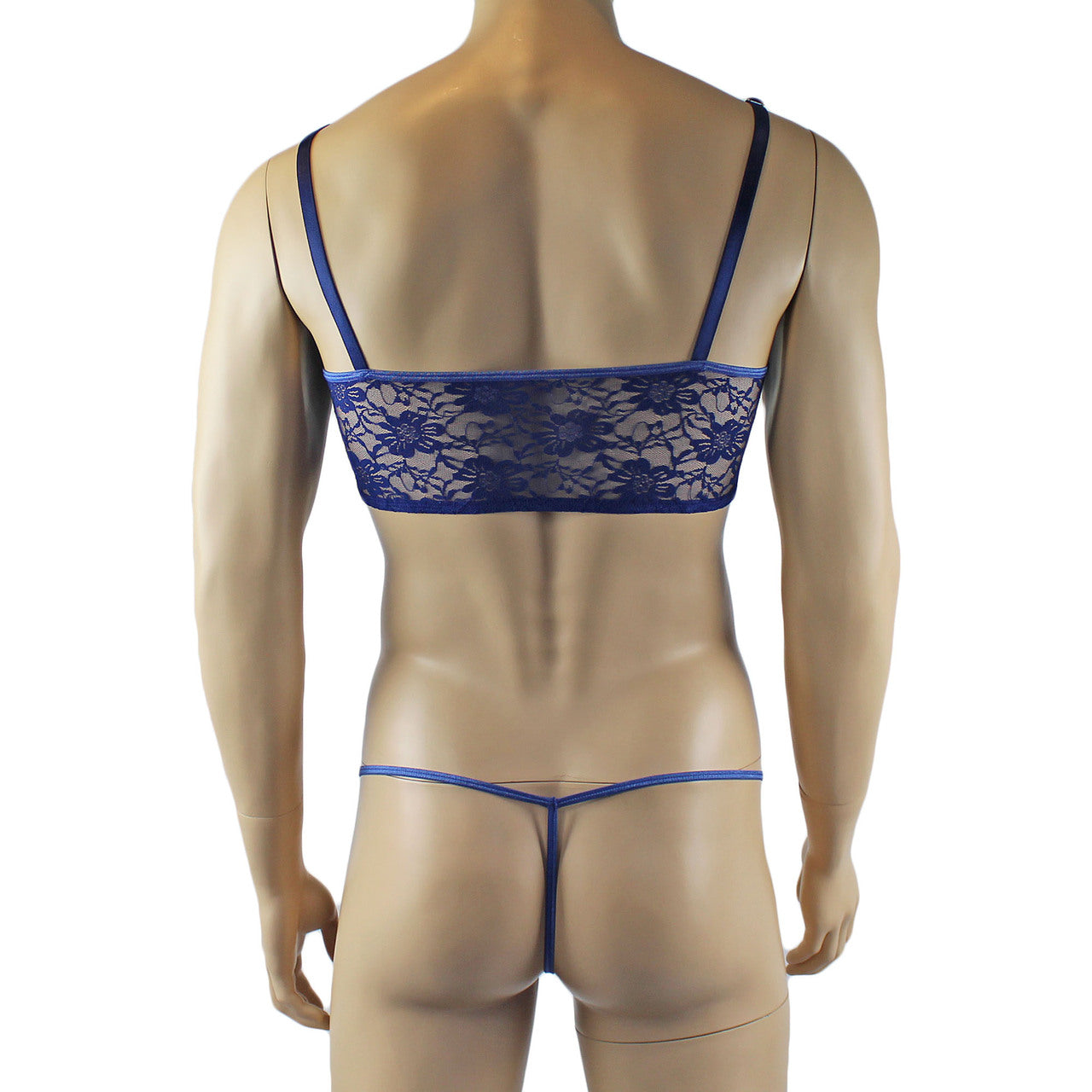 LAST ORDERS - Mens Sexy Lace Crop Bra Top Camisole and G string Male Lingerie Navy