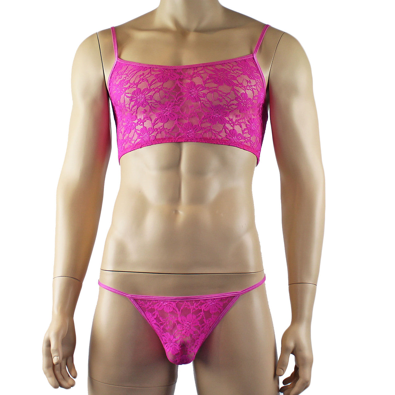 Mens Sexy Lace Crop Bra Top Camisole and G string Male Lingerie Neon Pink
