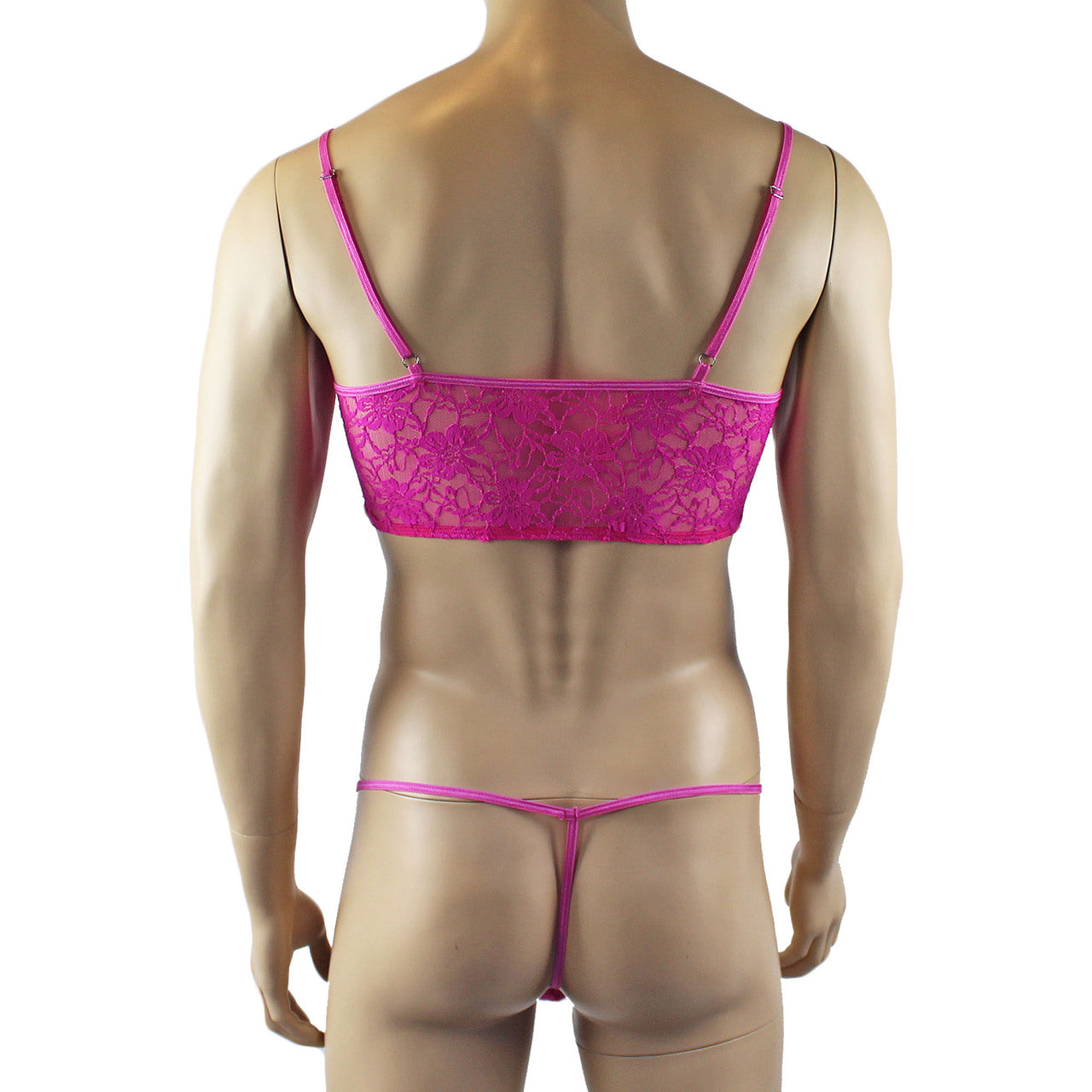 Mens Sexy Lace Crop Bra Top Camisole and G string Male Lingerie Neon Pink