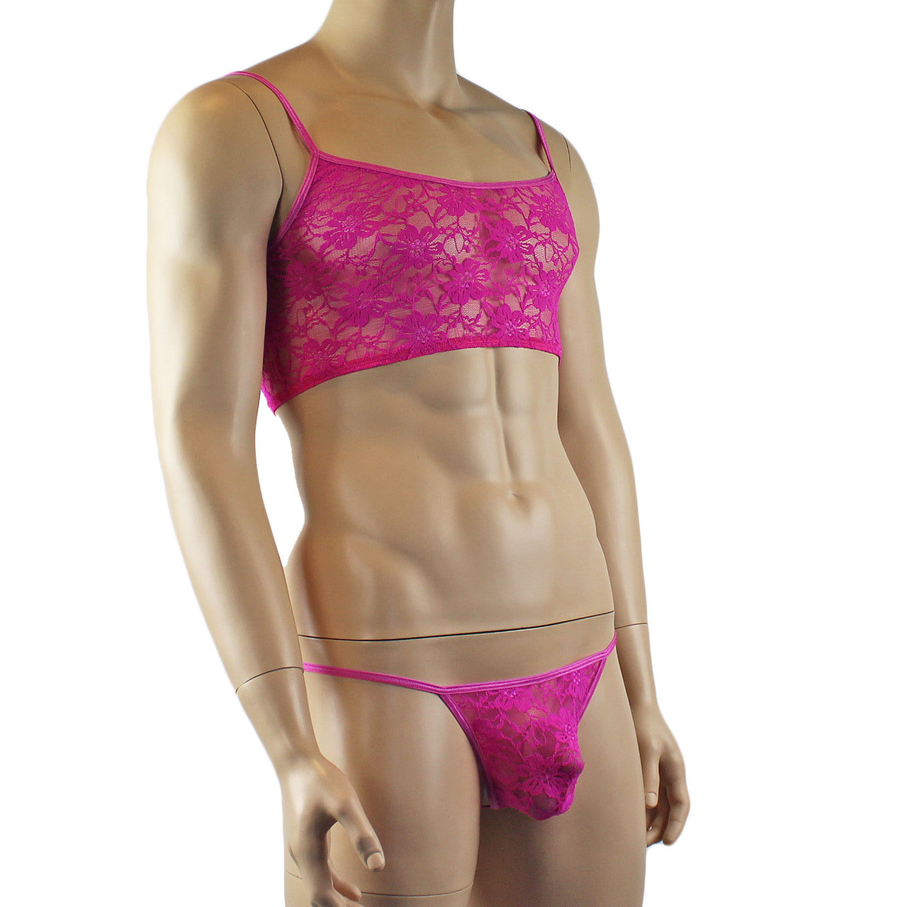 Mens Sexy Lace Crop Bra Top Camisole and G string Male Lingerie Neon Pink