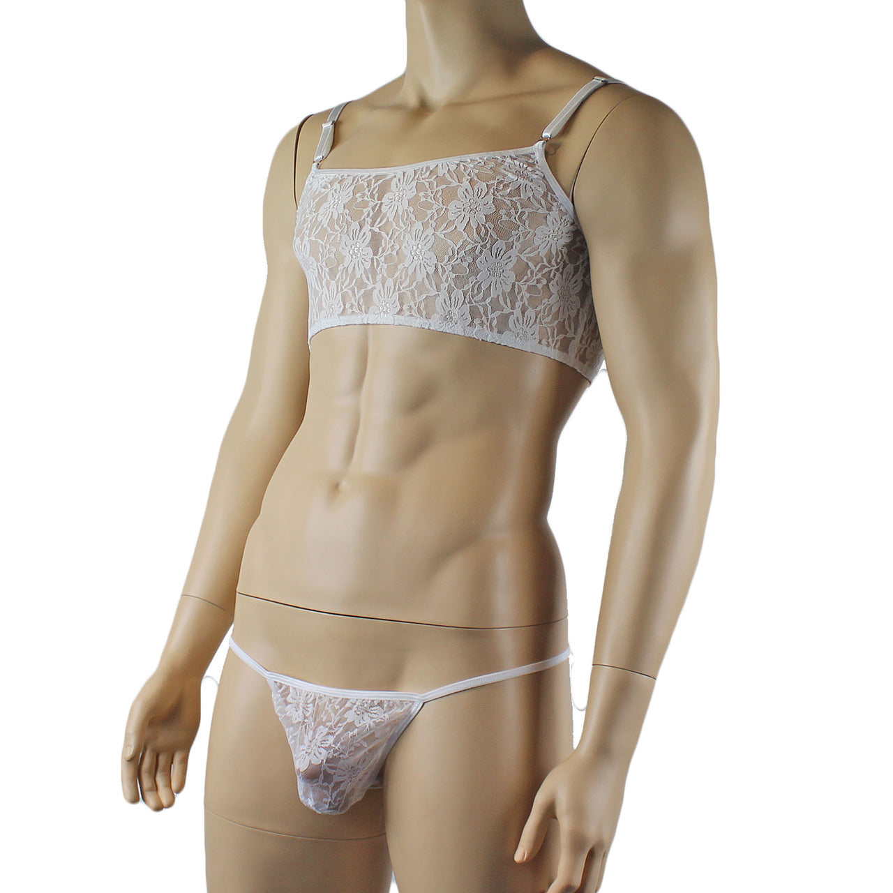 Mens Sexy Lace Crop Bra Top Camisole and Male Lingerie G string White