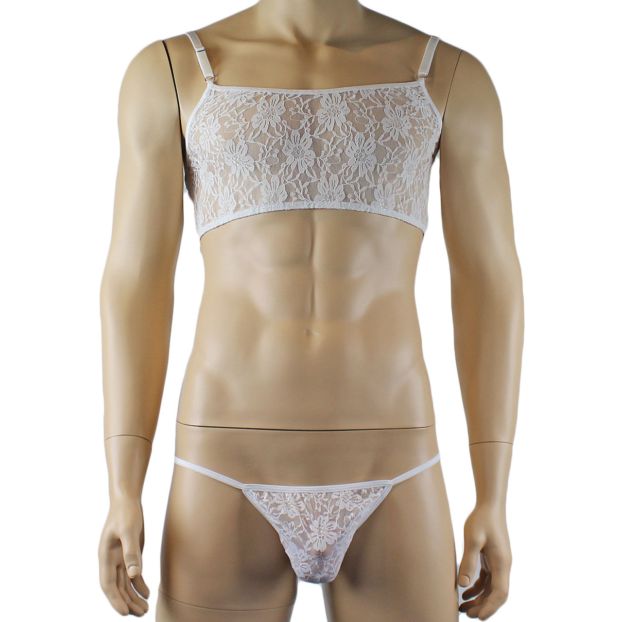 Mens Sexy Lace Crop Bra Top Camisole and Male Lingerie G string White