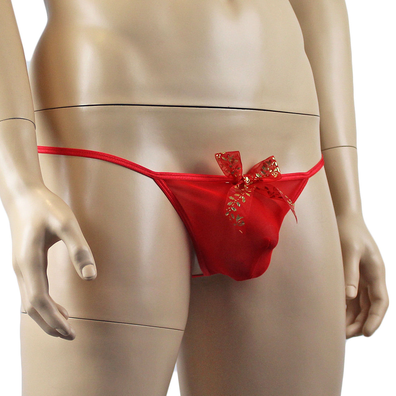 Mens Xmas Mesh Pouch G string with Sheer Christmas Decoration Bow Red
