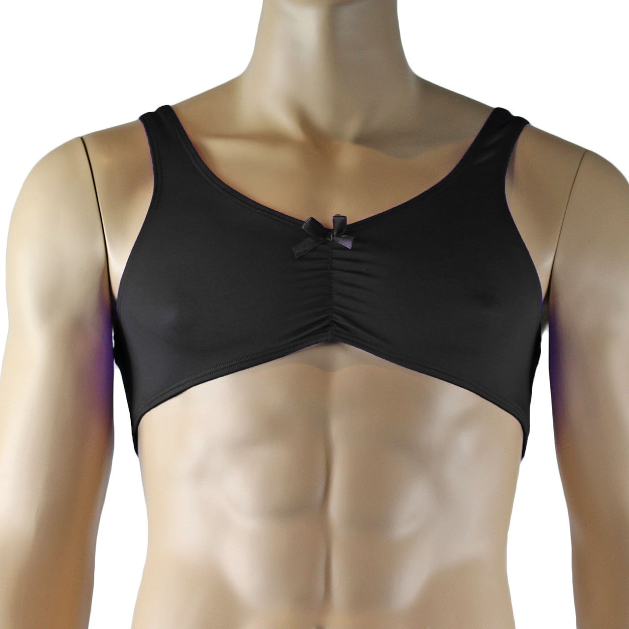 Male Angel Stretch Spandex Bra Top & Matching Thong with Bow Black