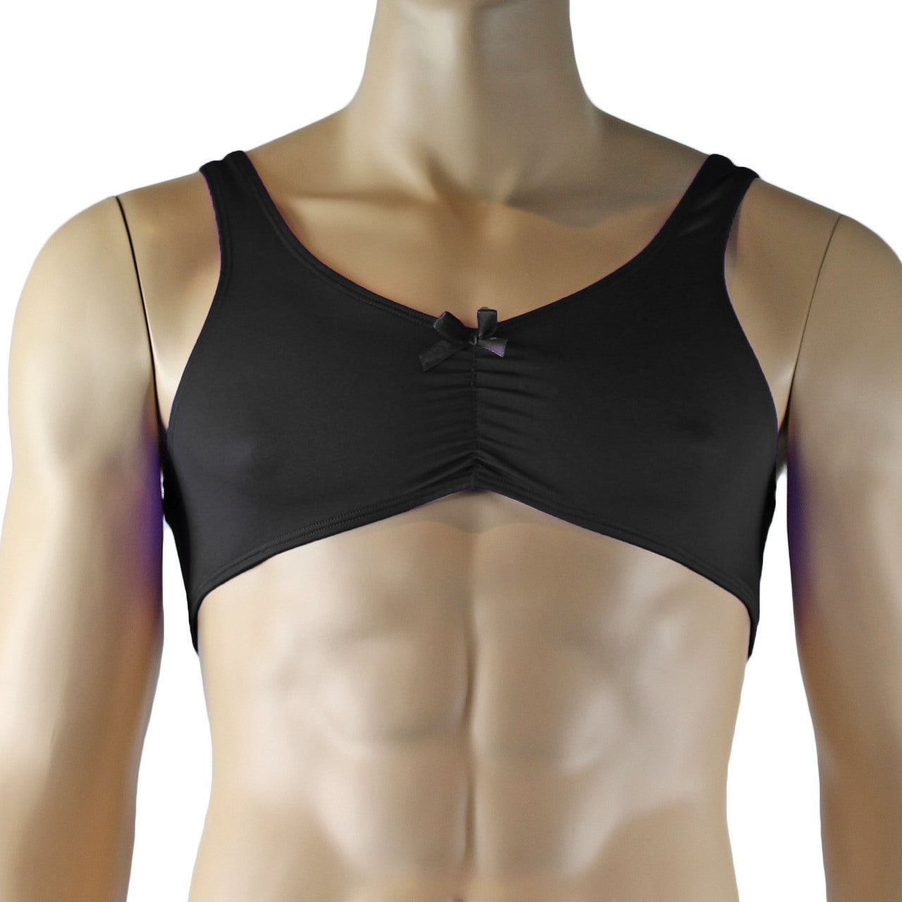 Male Angel Stretch Spandex Bra Top & Matching Thong with Bow Black