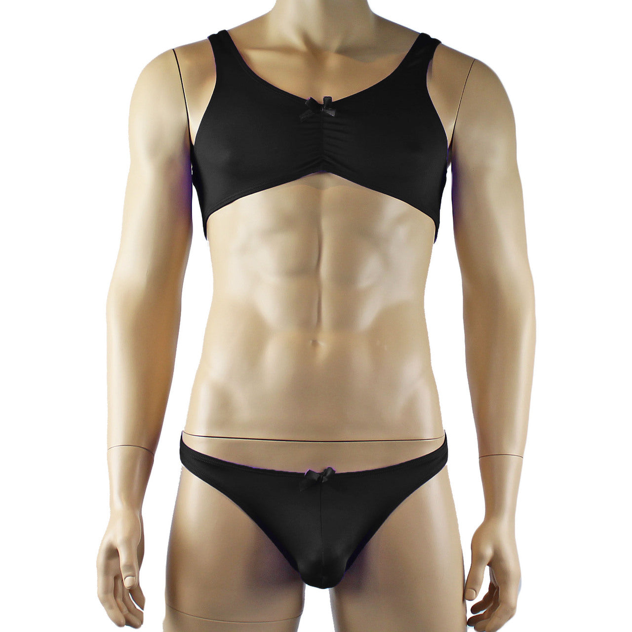 Male Angel Stretch Spandex Bra Top & Matching Thong with Bow Black