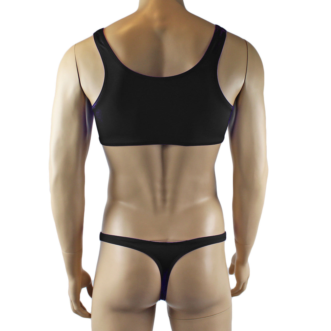 Male Angel Stretch Spandex Bra Top & Matching Thong with Bow Black