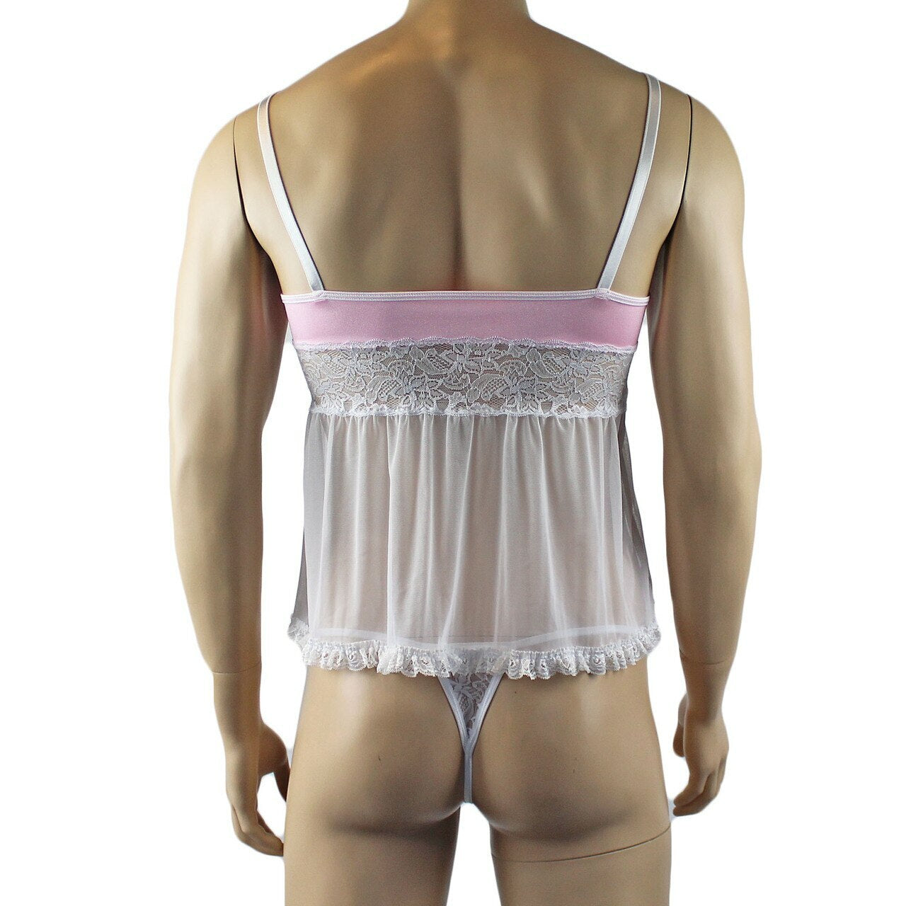 Mens Joanne Mini Babydoll Camisole & G string - Sizes up to 3XL Light Pink & White