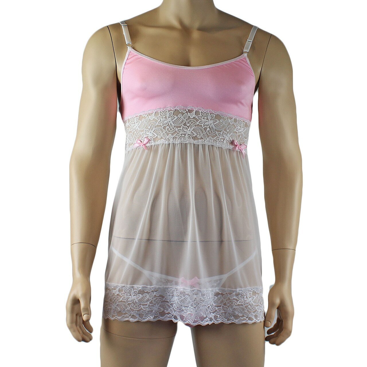 Mens Joanne Sexy Lingerie Babydoll with G string - Sizes up to 3XL (light pink & white plus other colours)