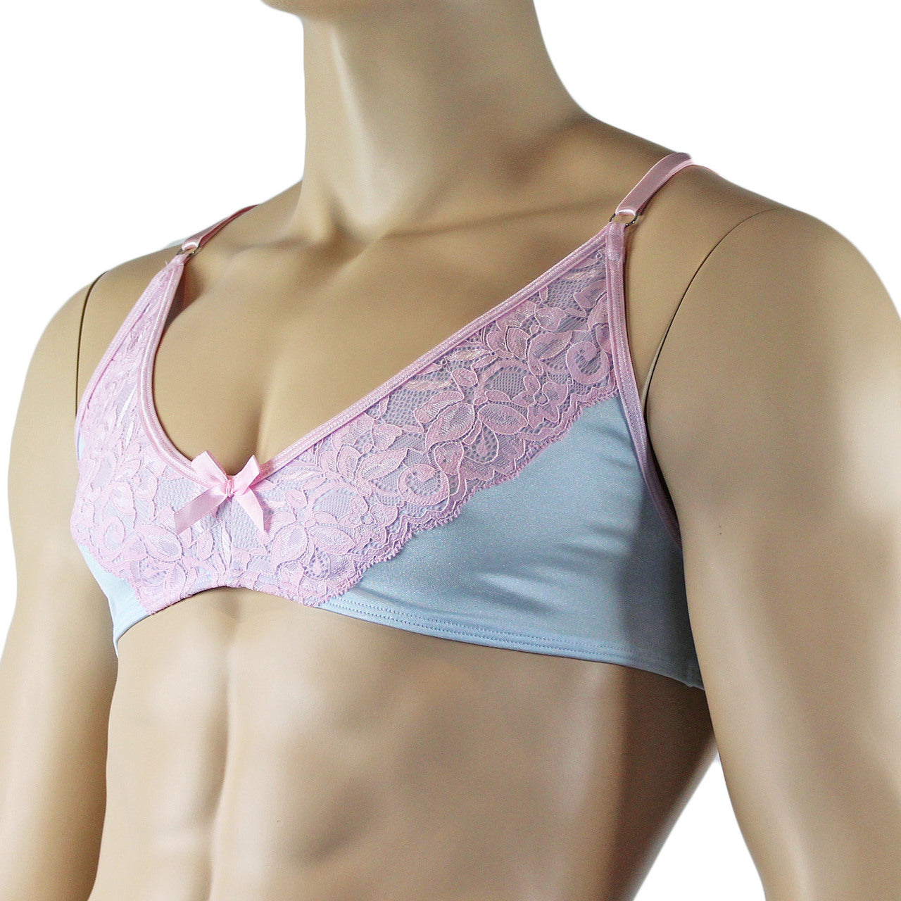 Mens Isabel Bra Top with Floral Lace Trim Male Lingerie Light Blue and Pink Lace