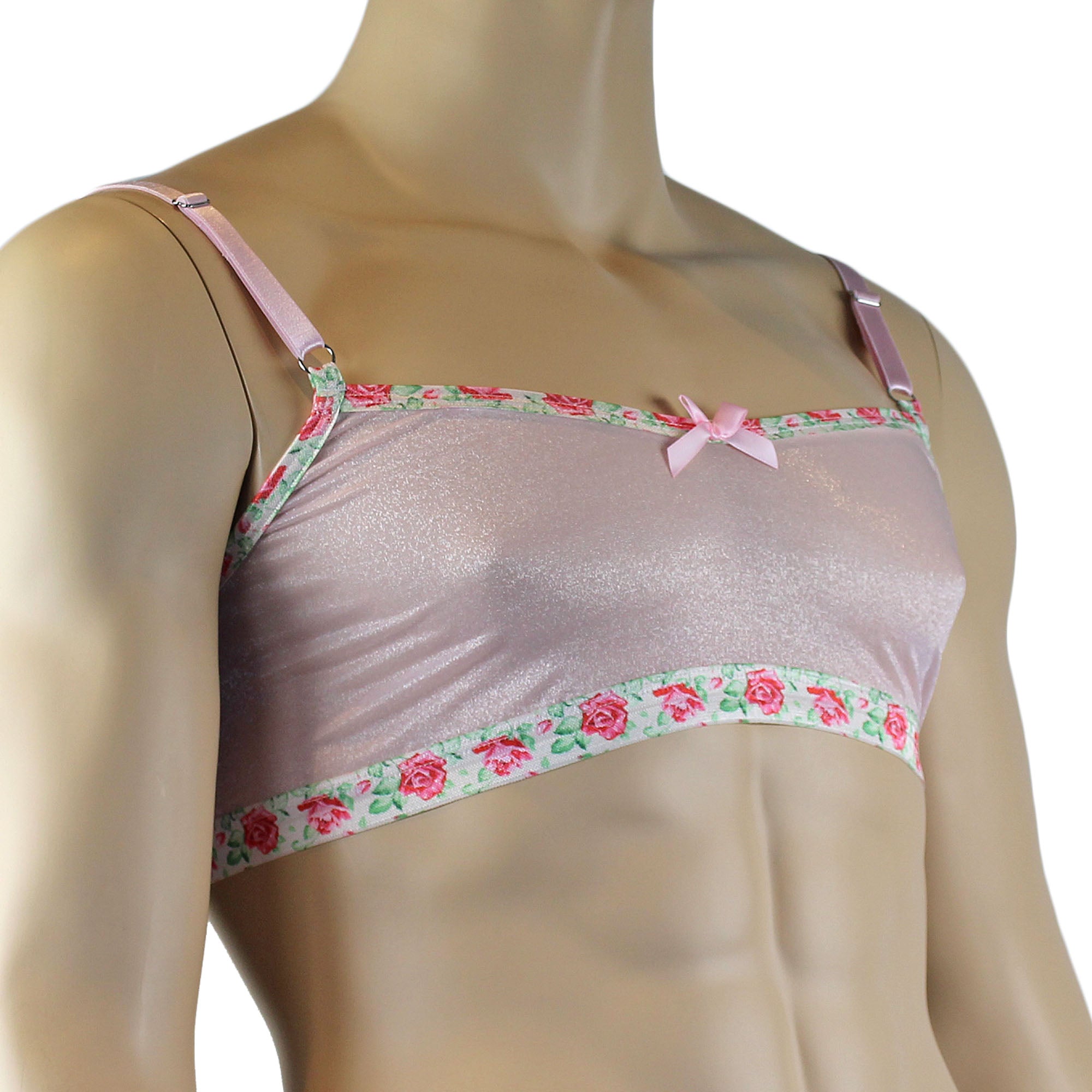 Mens Crystal Rose Sheer Stretch Glissenette Bra Top with Flower Trim Pink