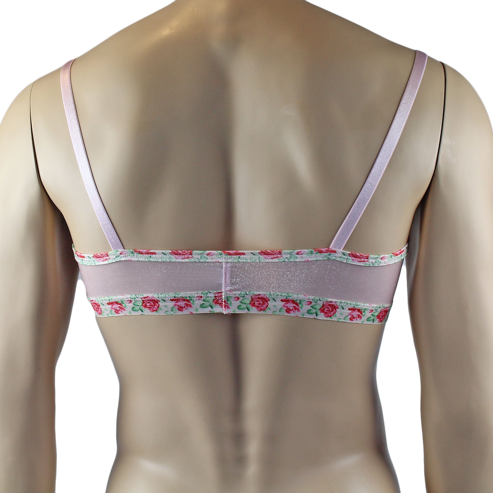 Mens Crystal Rose Sheer Stretch Glissenette Bra Top & G string with Flower Trim Pink