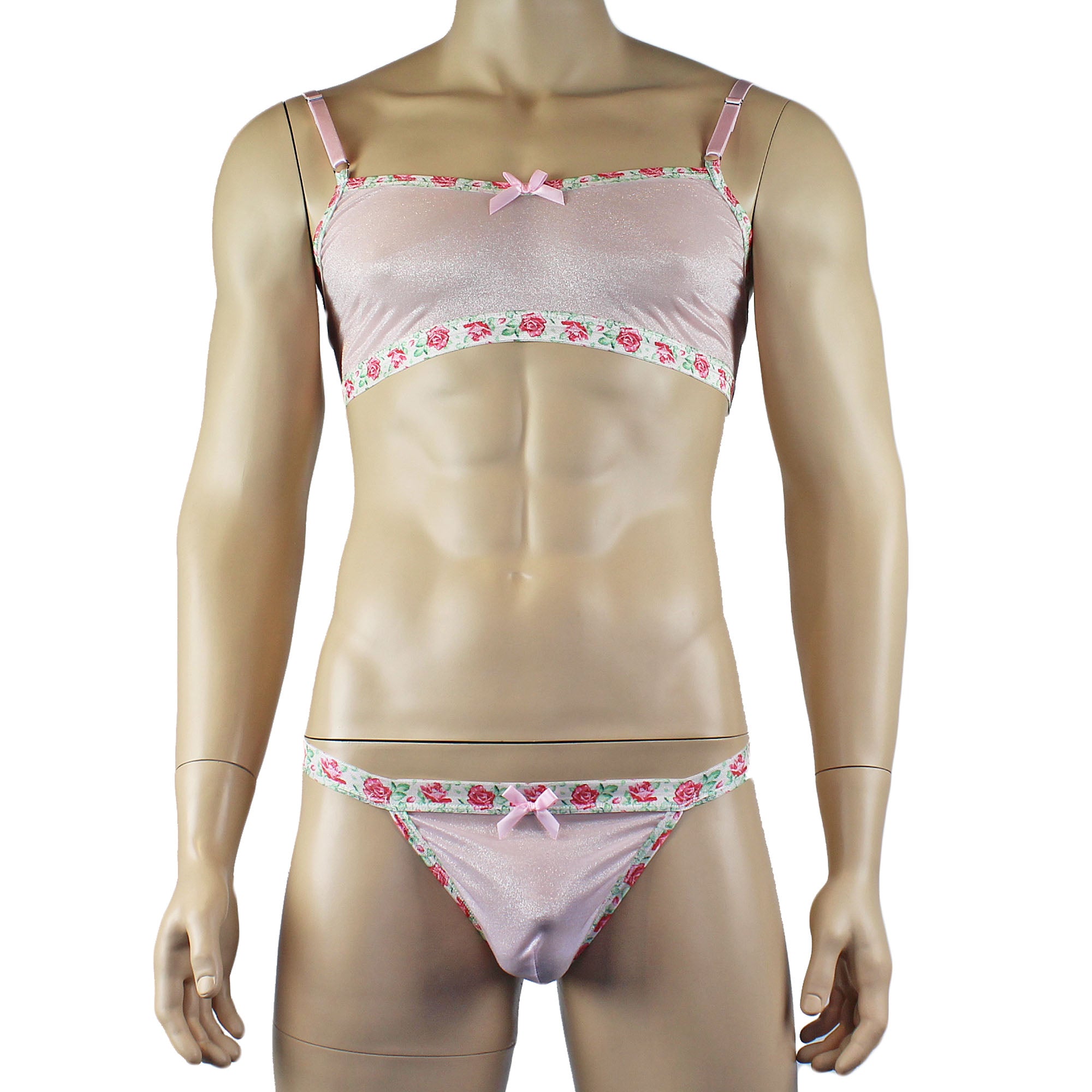 Mens Crystal Rose Sheer Stretch Glissenette Bra Top & G string with Flower Trim Pink