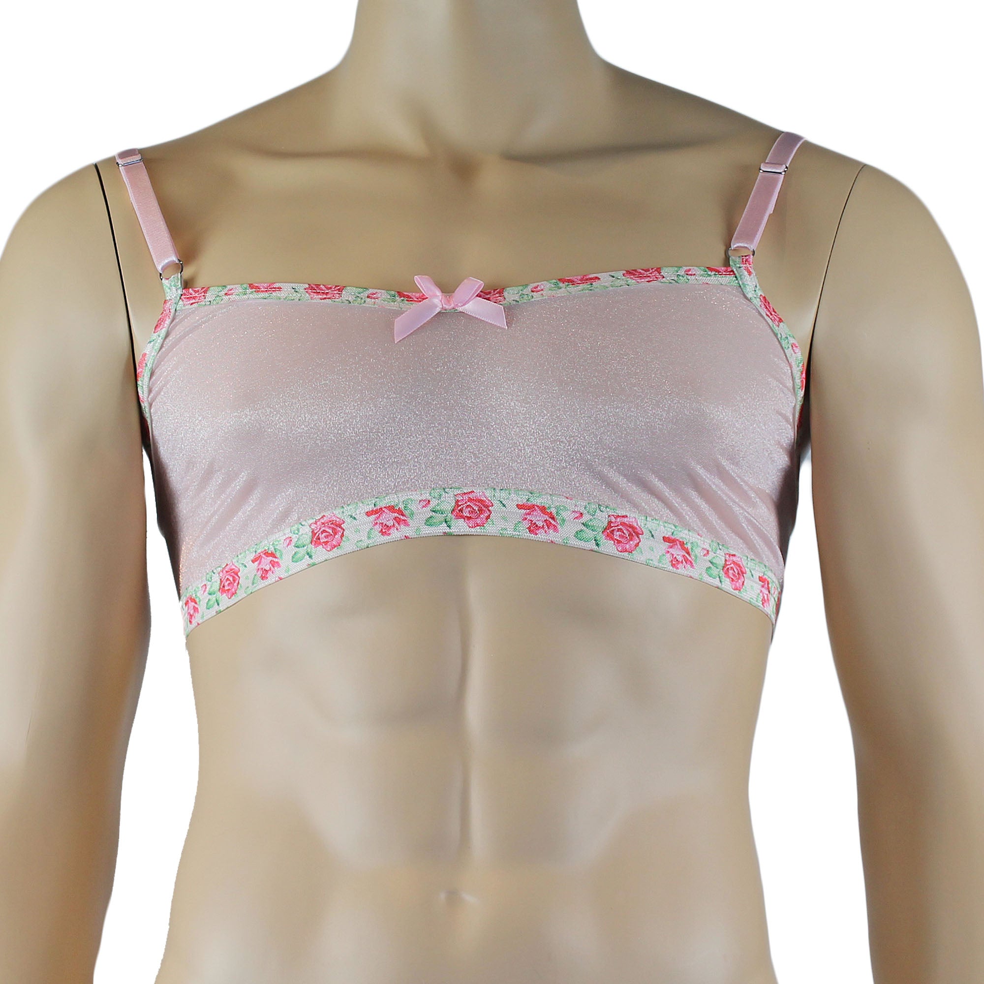 Mens Crystal Rose Sheer Stretch Glissenette Bra Top with Flower Trim Pink