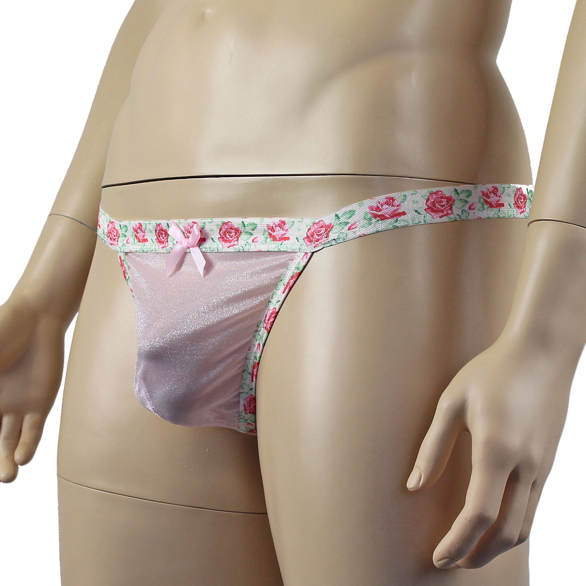 Mens Crystal Rose Sheer Stretch Glissenette G string with Flower Trim Pink