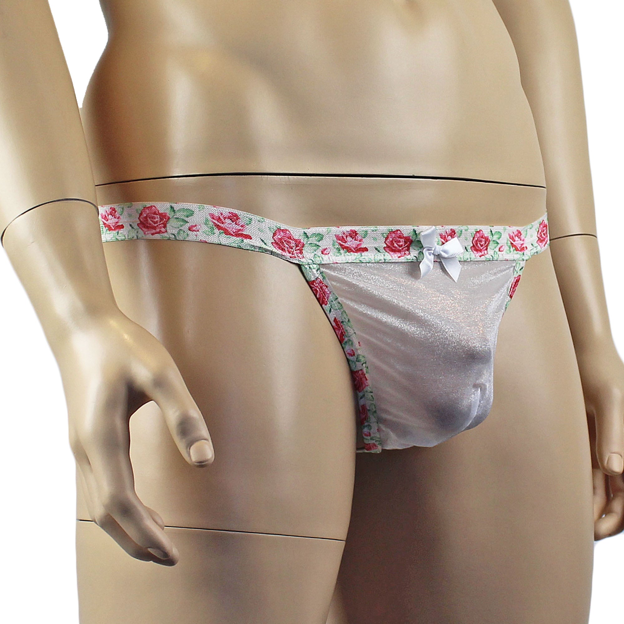 Mens Crystal Rose Sheer Stretch Glissenette G string with Flower Trim White