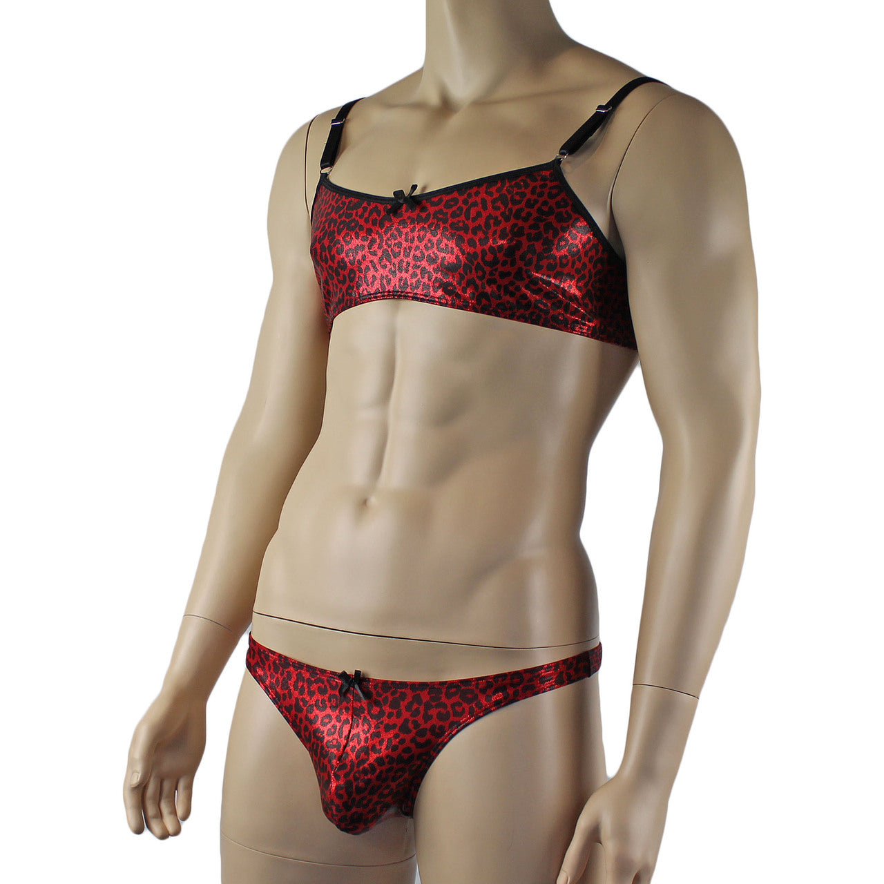 Mens Dazzle Animal Leopard Print Bra and Thong Set Red