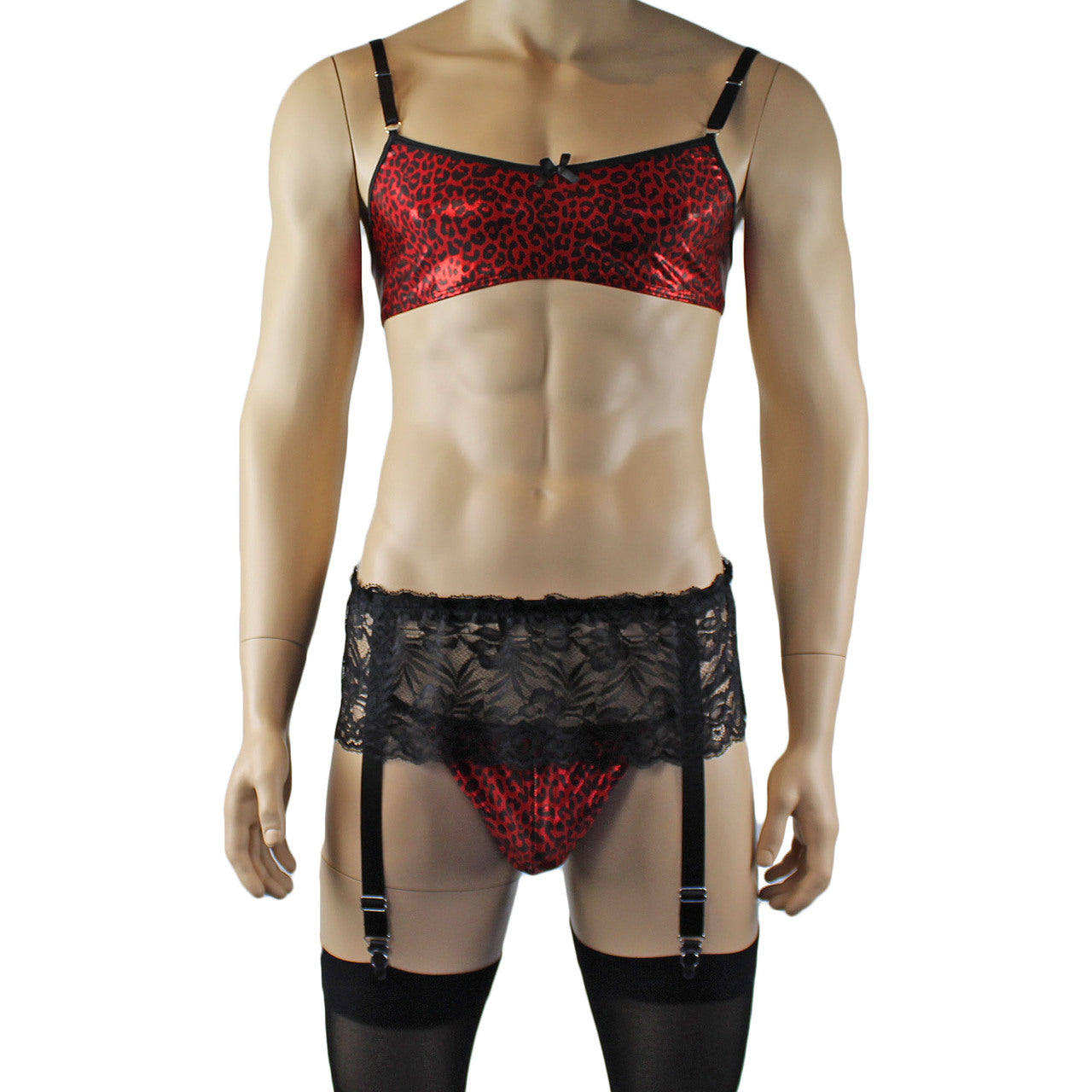 Mens Dazzle Animal Leopard Print Bra, G string, Garterbelt & Stockings Set Red