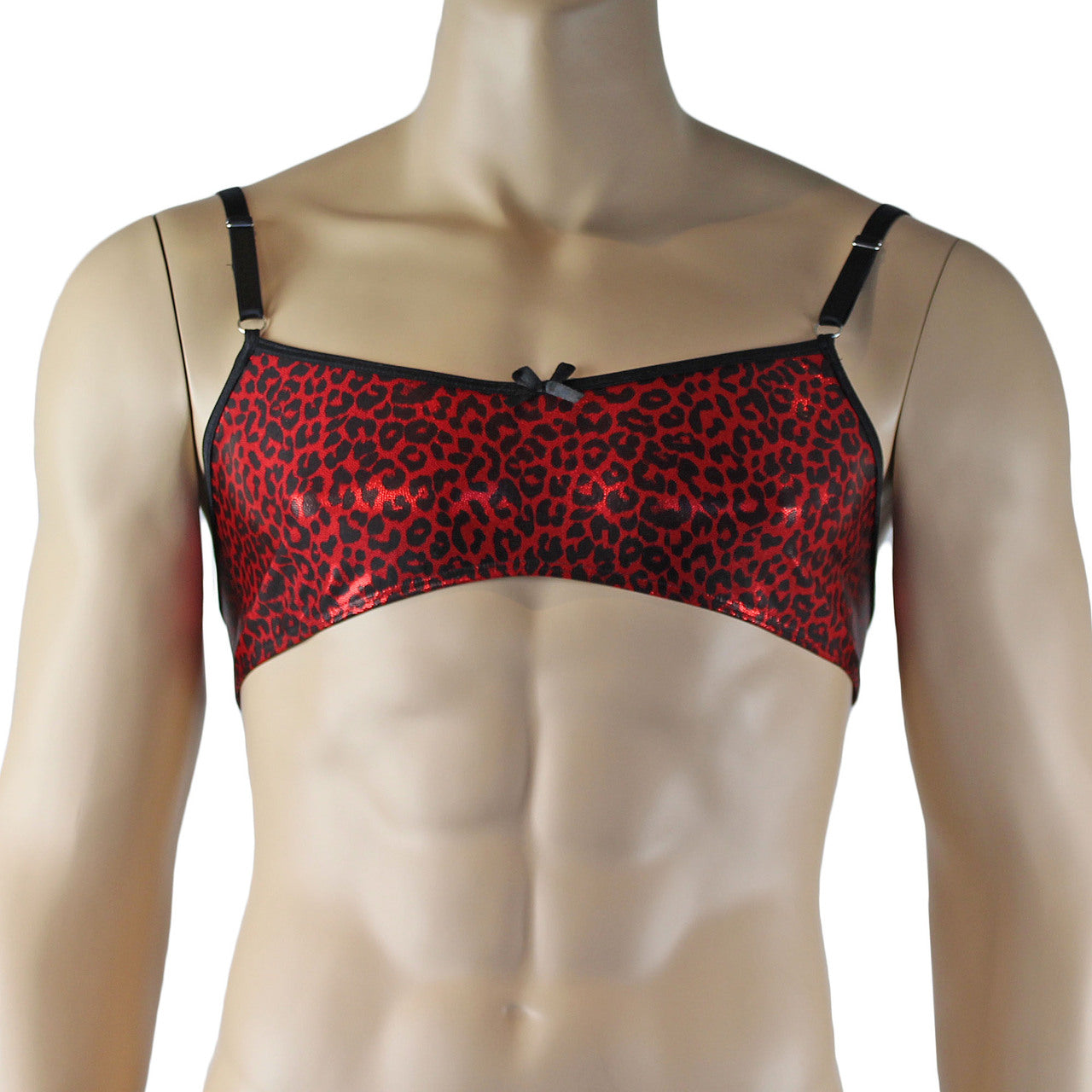 Mens Dazzle Animal Leopard Print Bra, G string, Garterbelt & Stockings Set Red