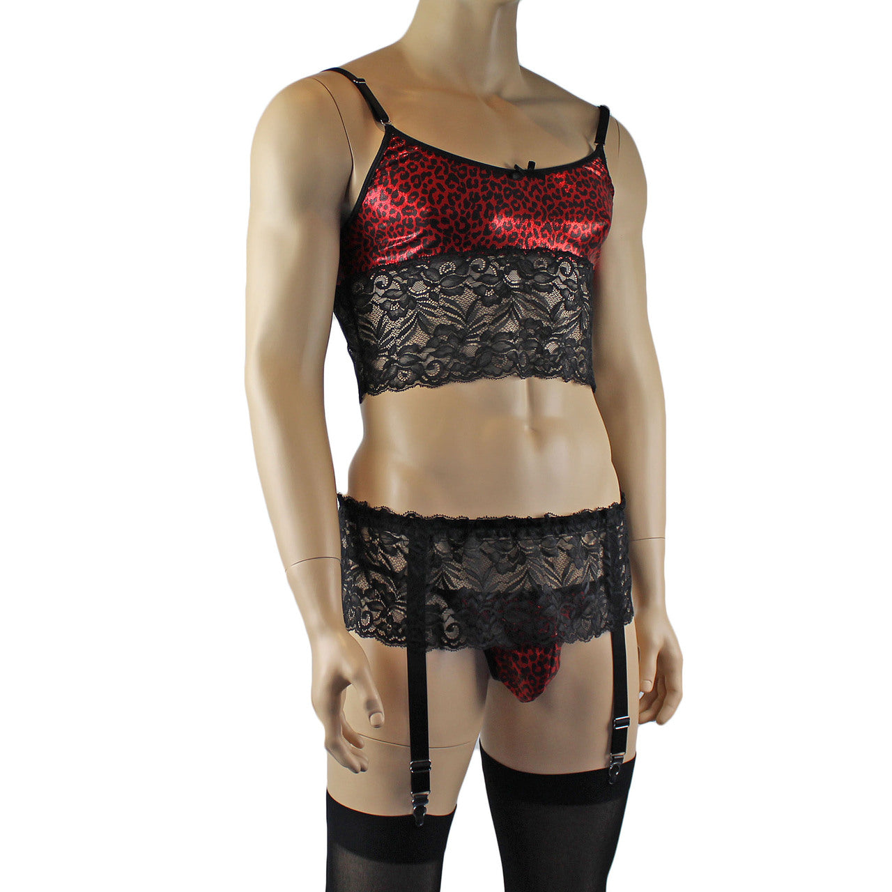 Mens Dazzle Animal Leopard Print Bra Top Camisole, G string, Garterbelt & Stockings Red