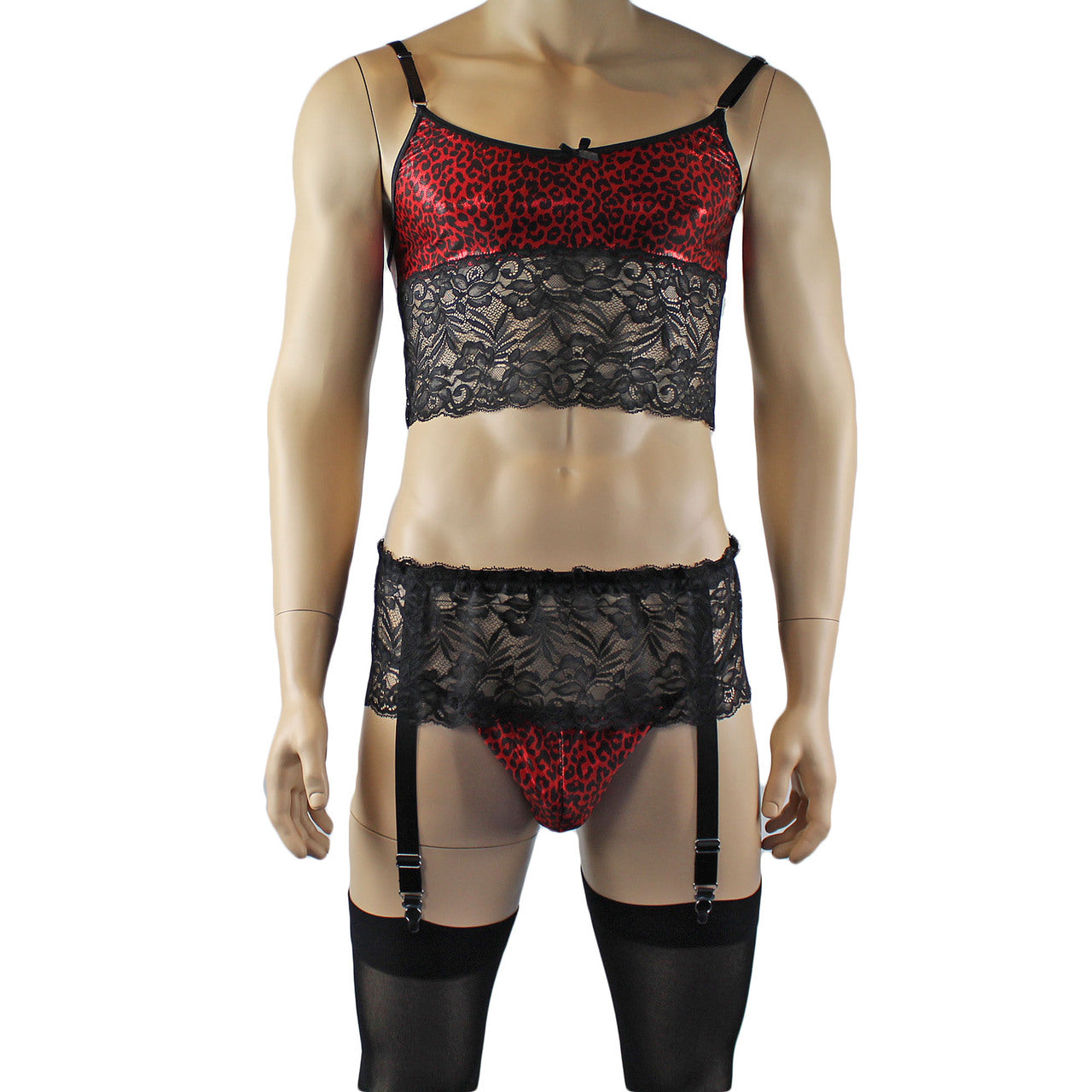 Mens Dazzle Animal Leopard Print Bra Top Camisole, G string, Garterbelt & Stockings Red