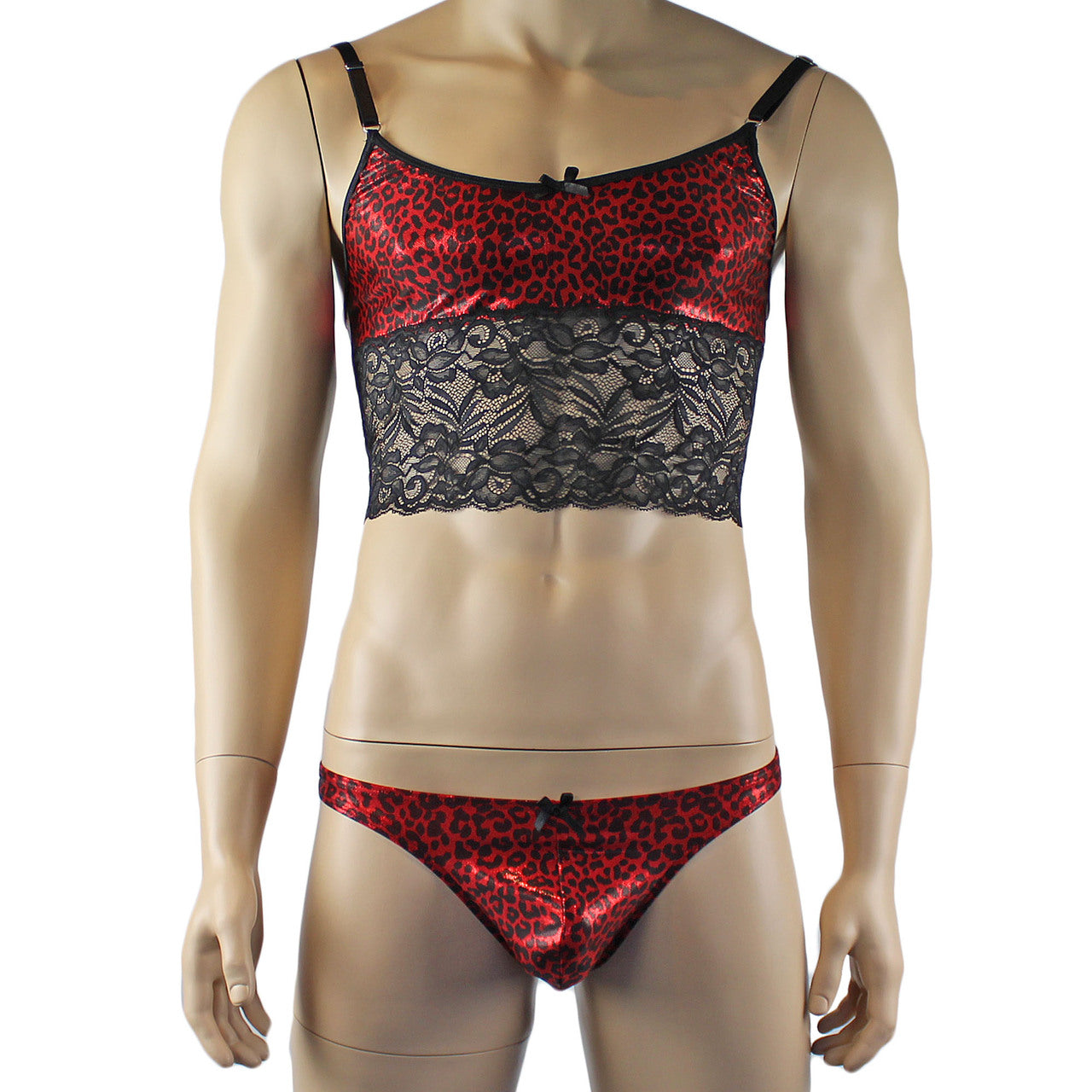 Mens Dazzle Animal Leopard Print Bra Top Camisole and Thong Set Red