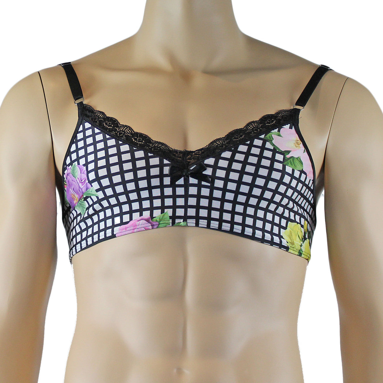 Mens Diana Bra Top in a Pretty Flower Checkered Print Spandex