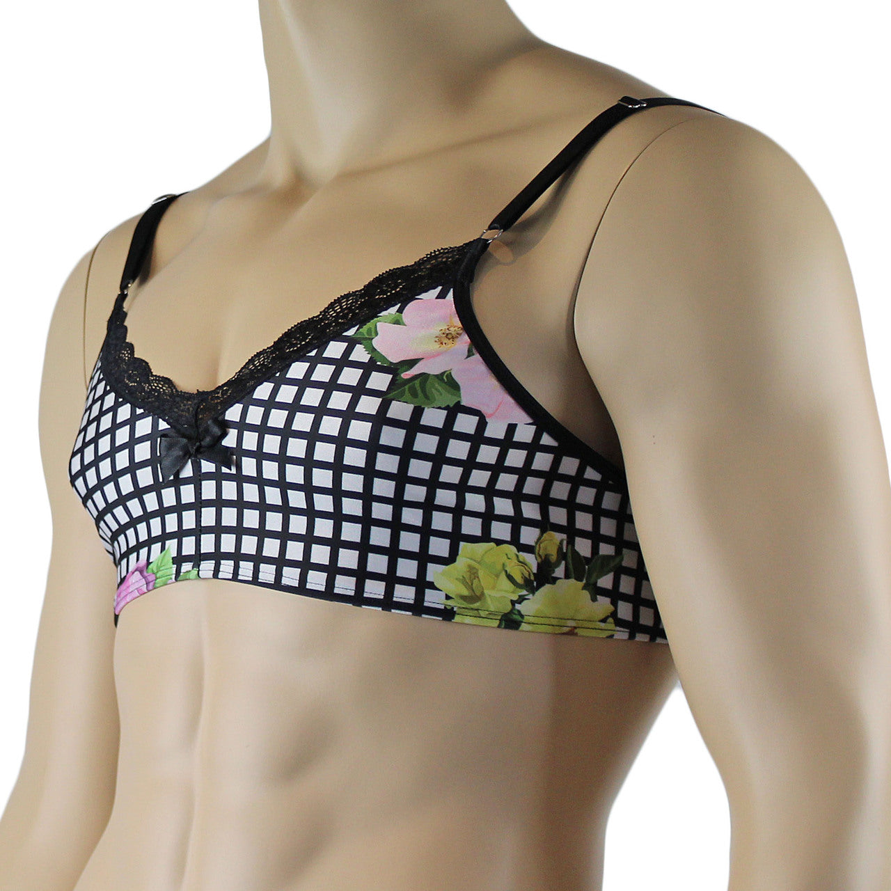 Mens Diana Bra Top in a Pretty Flower Checkered Print Spandex