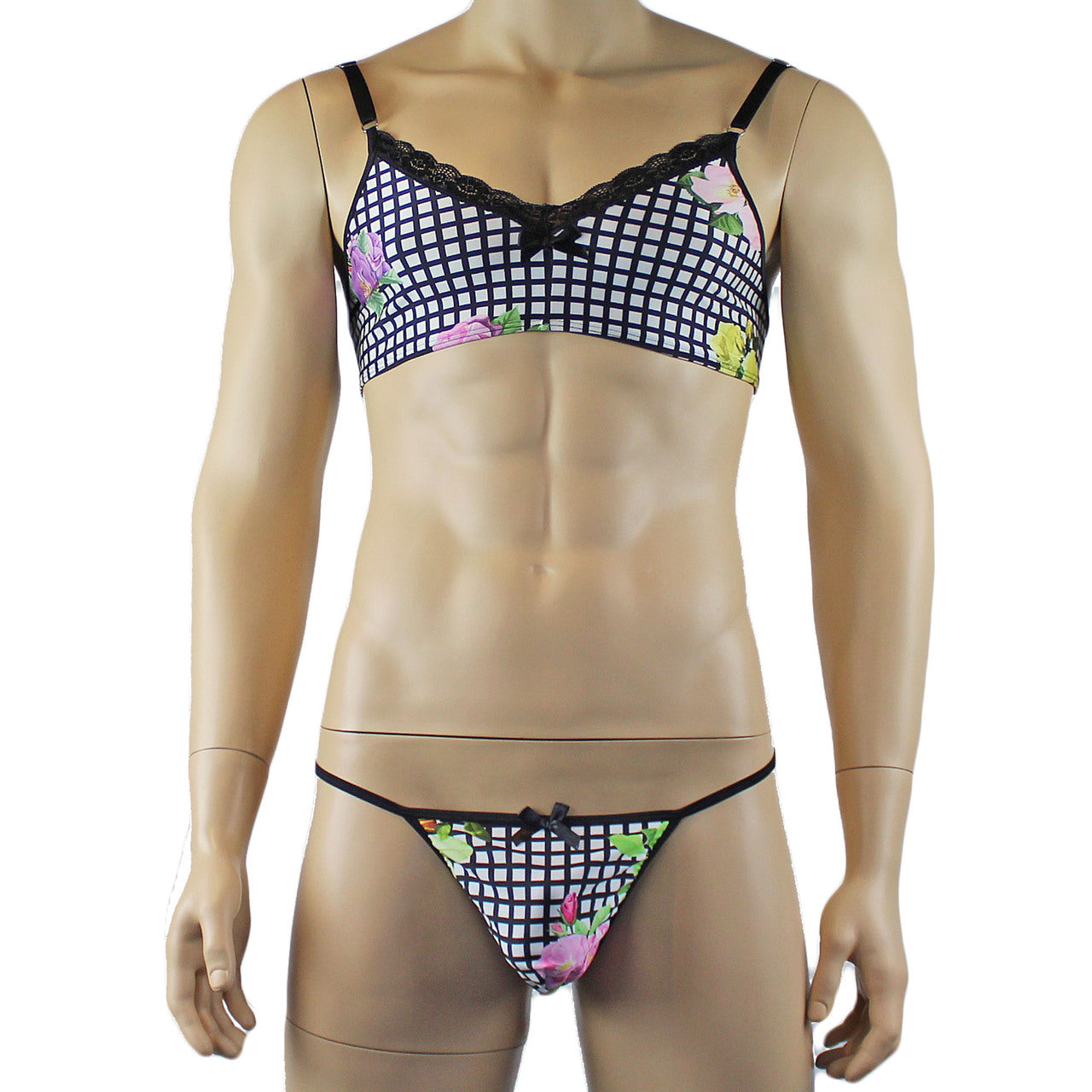 Mens Diana Bra Top & G string in a Pretty Flower Checkered Print Spandex