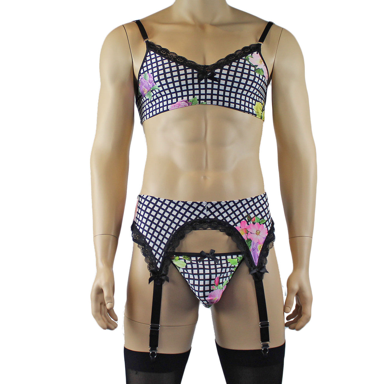 Mens Diana Bra Top , Garterbelt & G string in a Pretty Flower Checkered Print Spandex