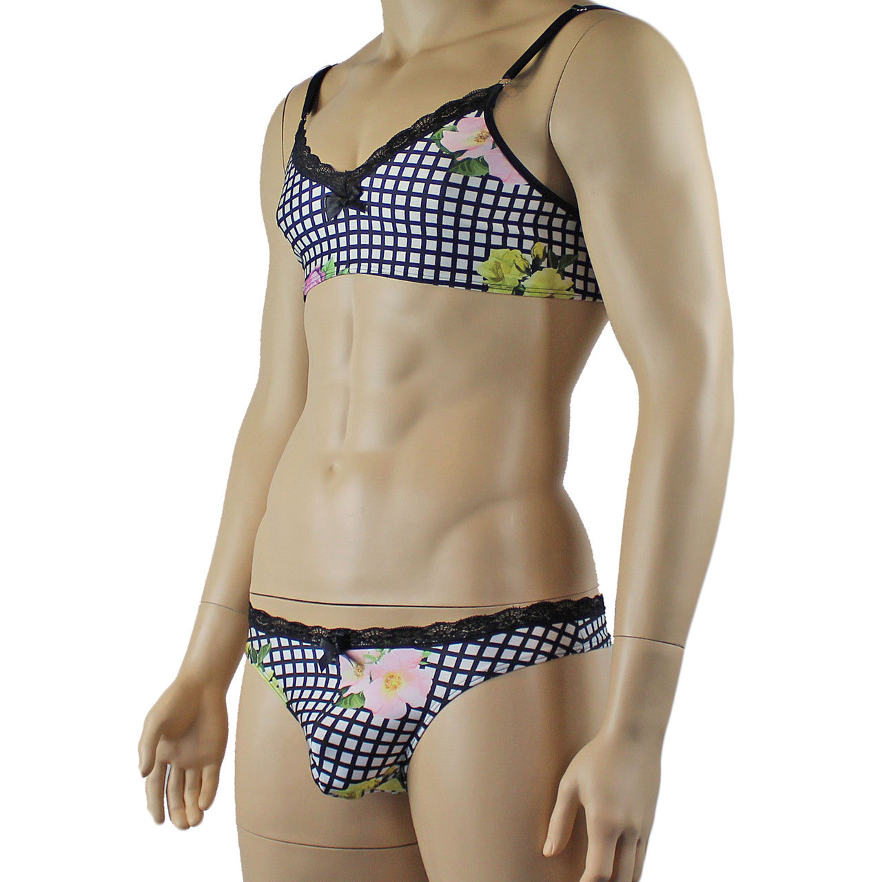 Mens Diana Bra Top & Thong in a Pretty Flower Checkered Print Spandex