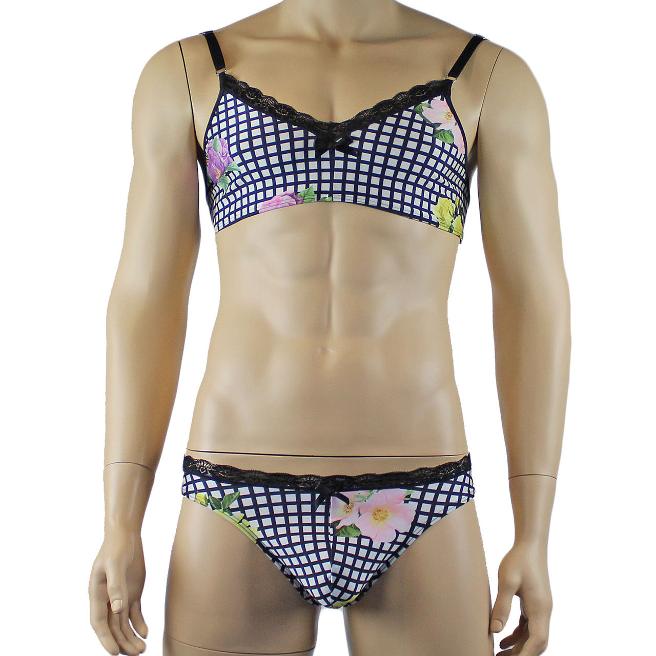 Mens Diana Bra Top & Thong in a Pretty Flower Checkered Print Spandex