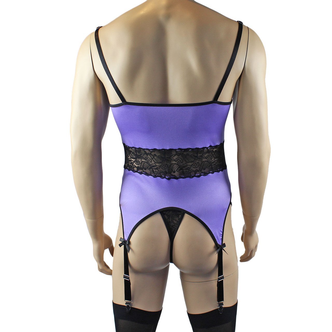 Mens Glamour Lycra & Lace Corset Top, G string & Stockings - Sizes up to 3XL (lilac plus other colours)