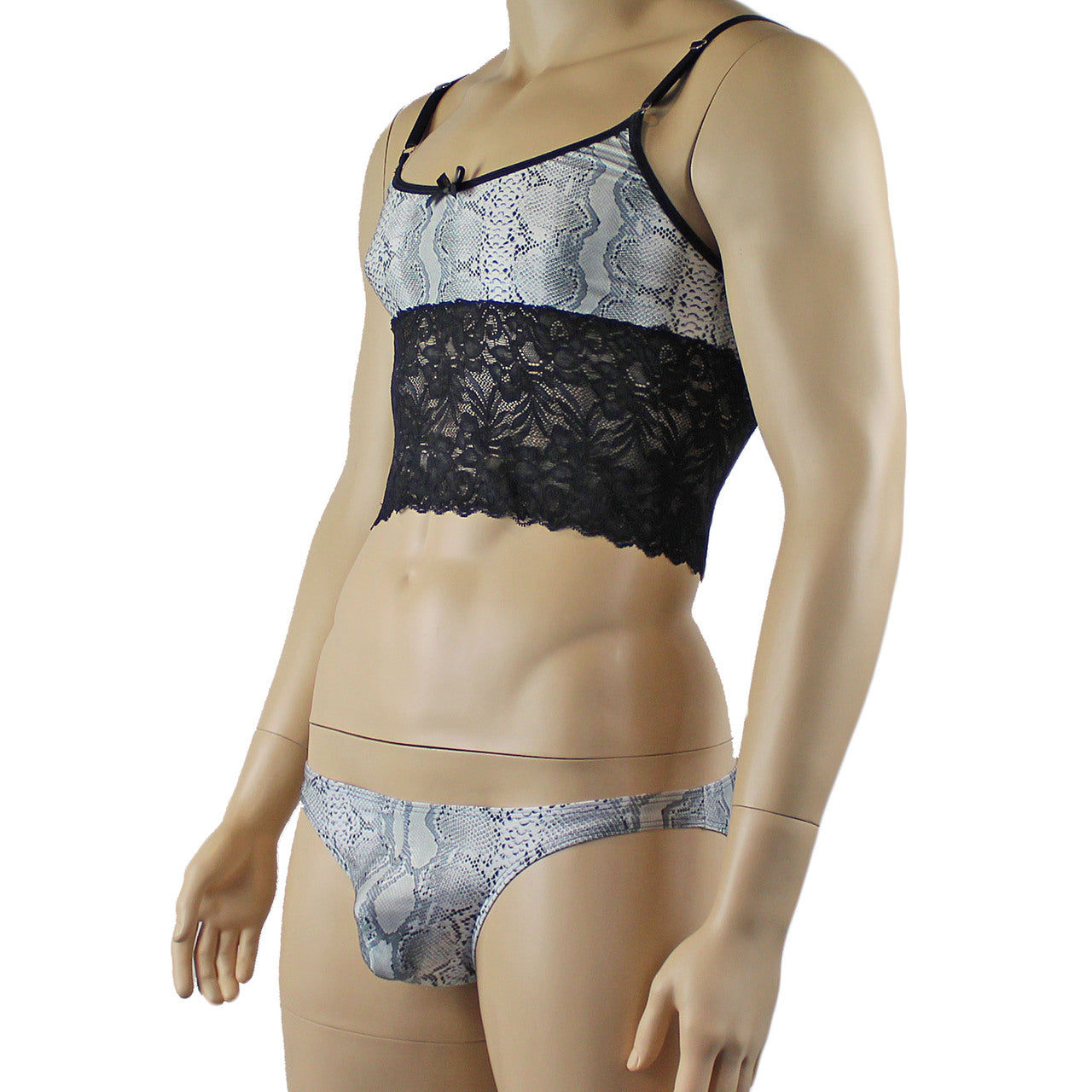 Mens Grey Snake Print & Black Lace Bra Top Camisole and Brief