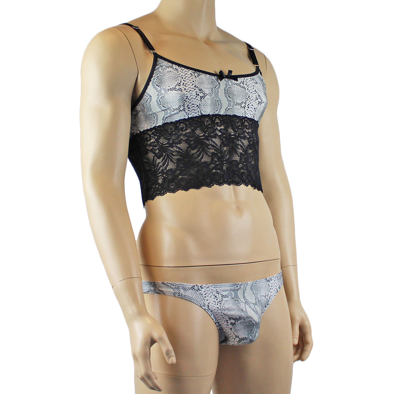 Mens Grey Snake Print & Black Lace Bra Top Camisole and Brief