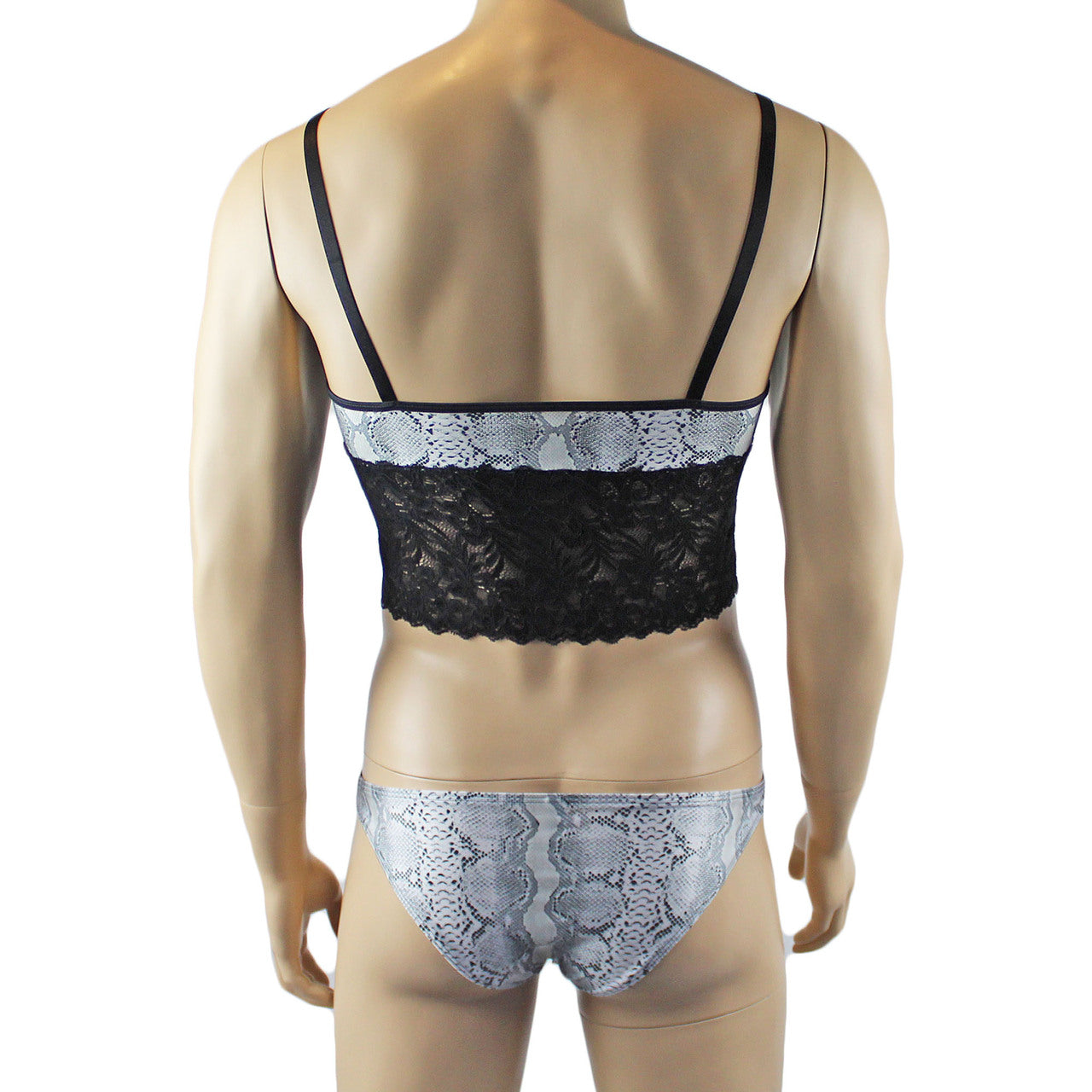 Mens Grey Snake Print & Black Lace Bra Top Camisole and Brief