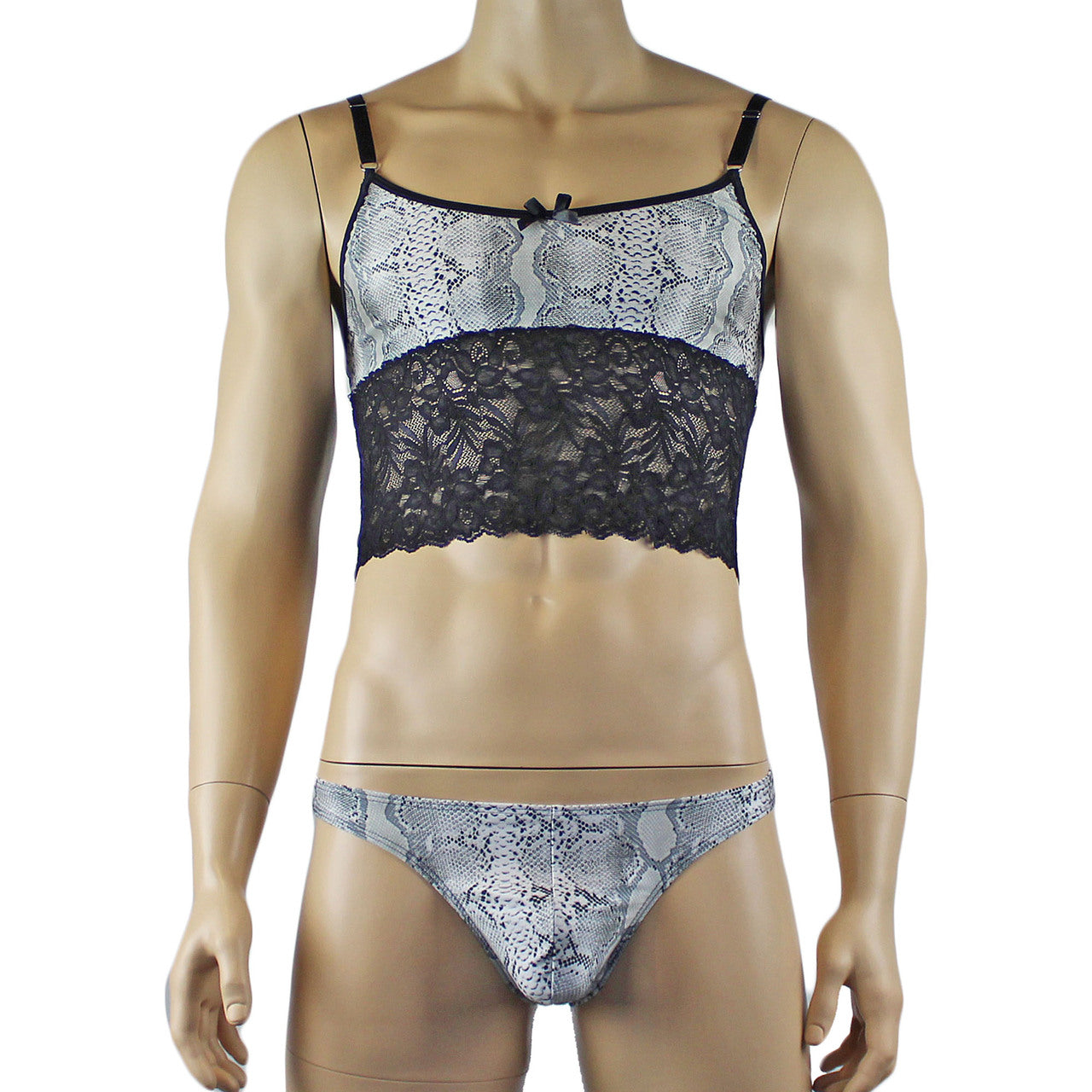 Mens Grey Snake Print & Black Lace Mens Bra Top Camisole and Thong