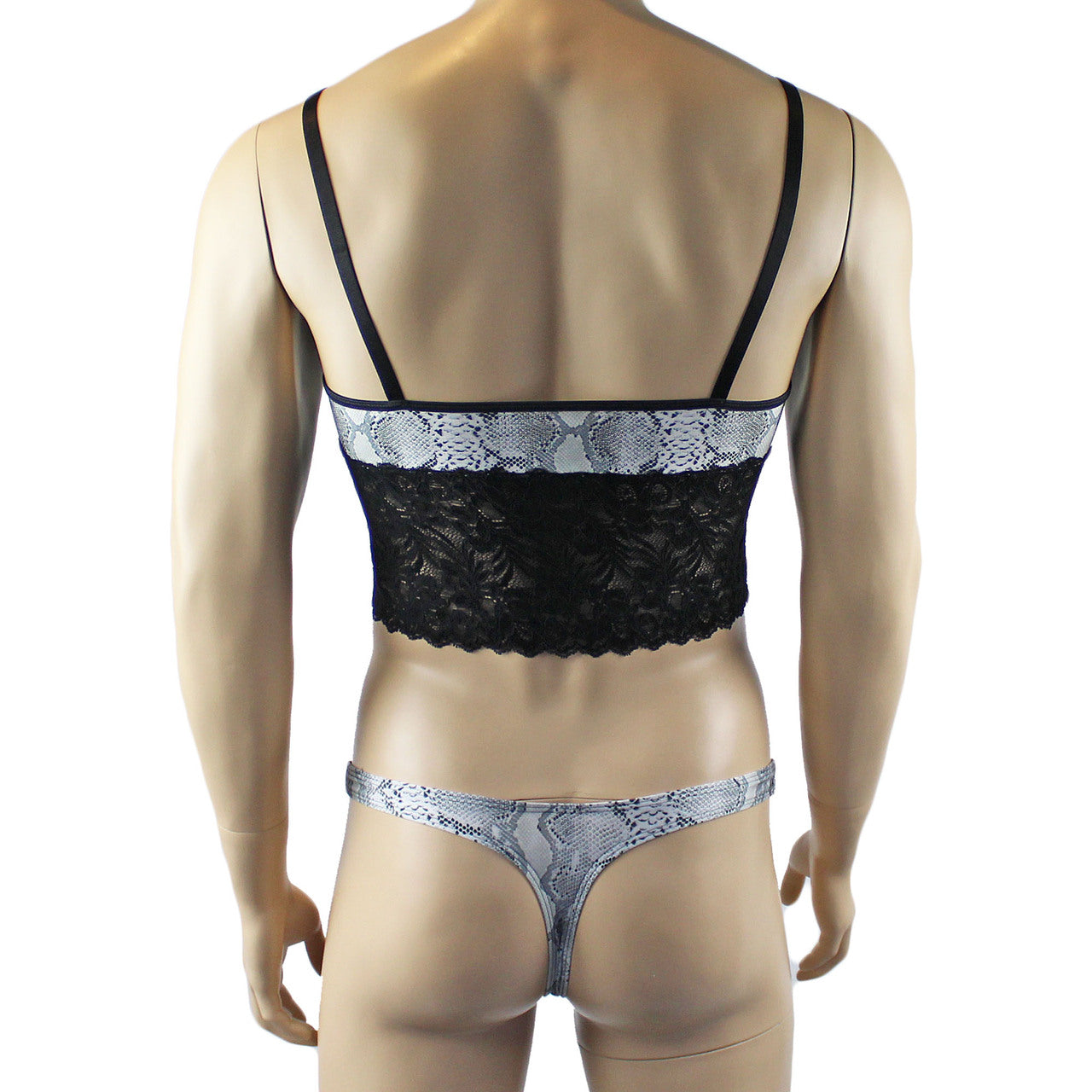 Mens Grey Snake Print & Black Lace Mens Bra Top Camisole and Thong