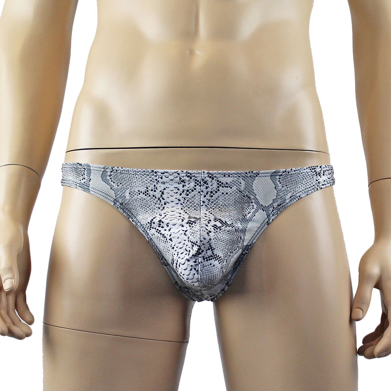 Mens Grey Snake Print & Black Lace Mens Bra Top, Thong, Garter & Stockings