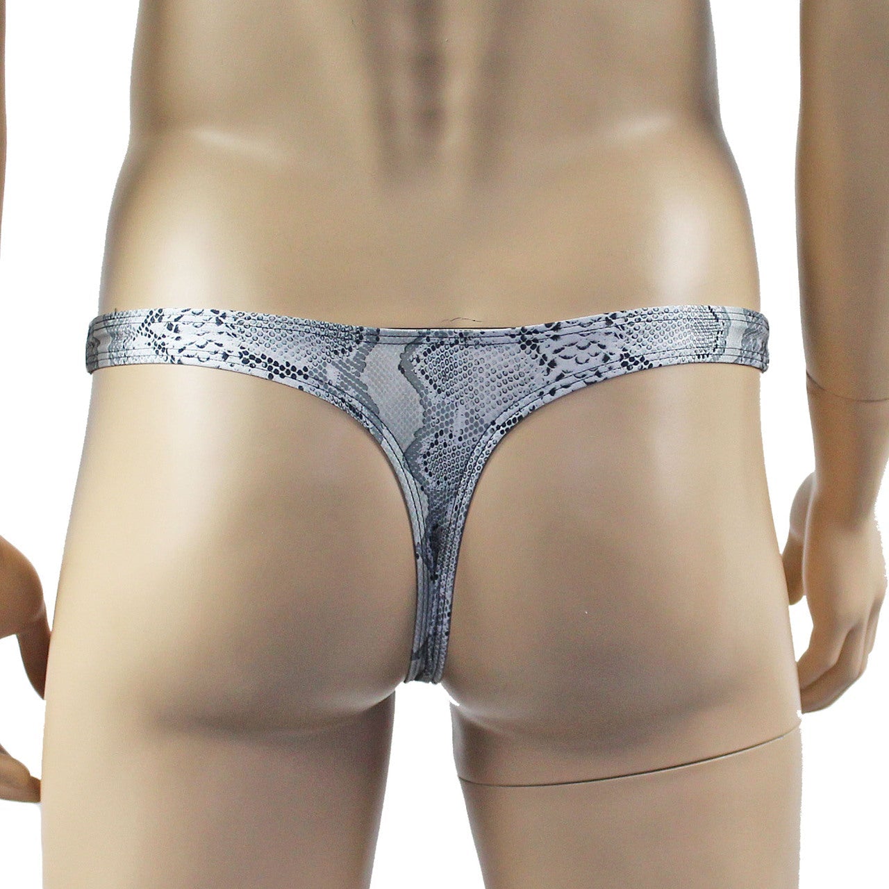 Mens Grey Snake Print & Black Lace Mens Bra Top, Thong, Garter & Stockings