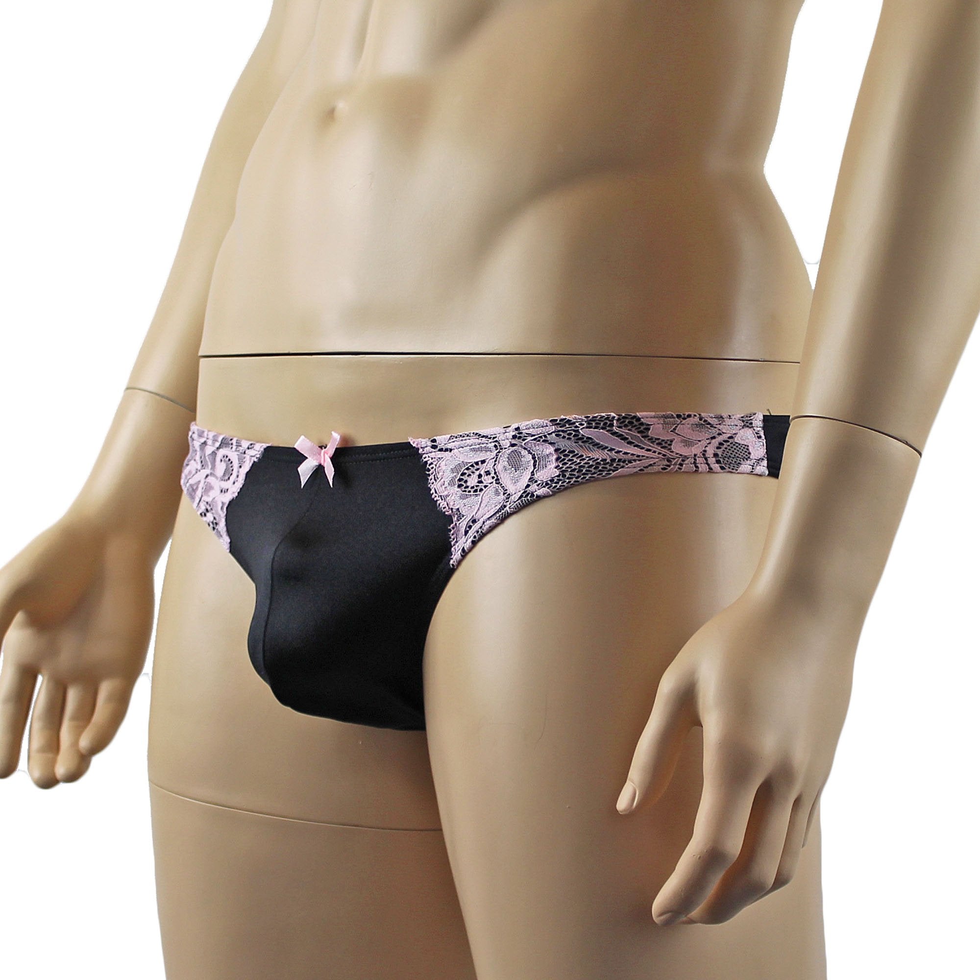 Mens Isabel Panty Stretch Spandex & Lace Bikini Brief with Sexy Back Black and Pink Lace