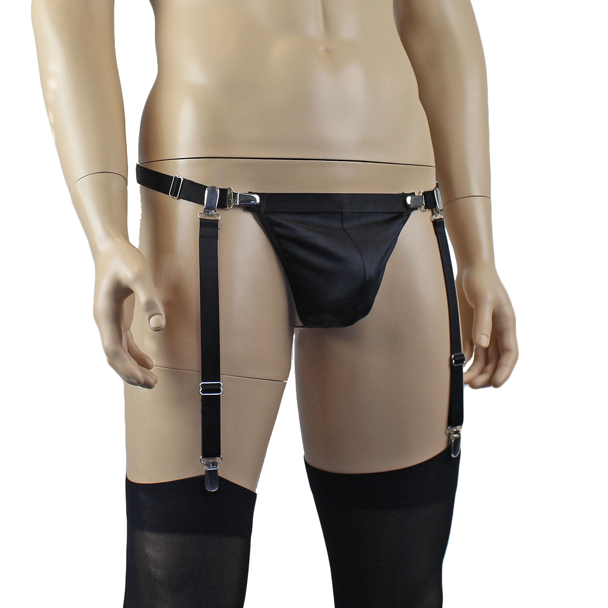 Mens Janice Thong with Adjustable Silver Clip Sides, Detachable Garters & Stockings Black